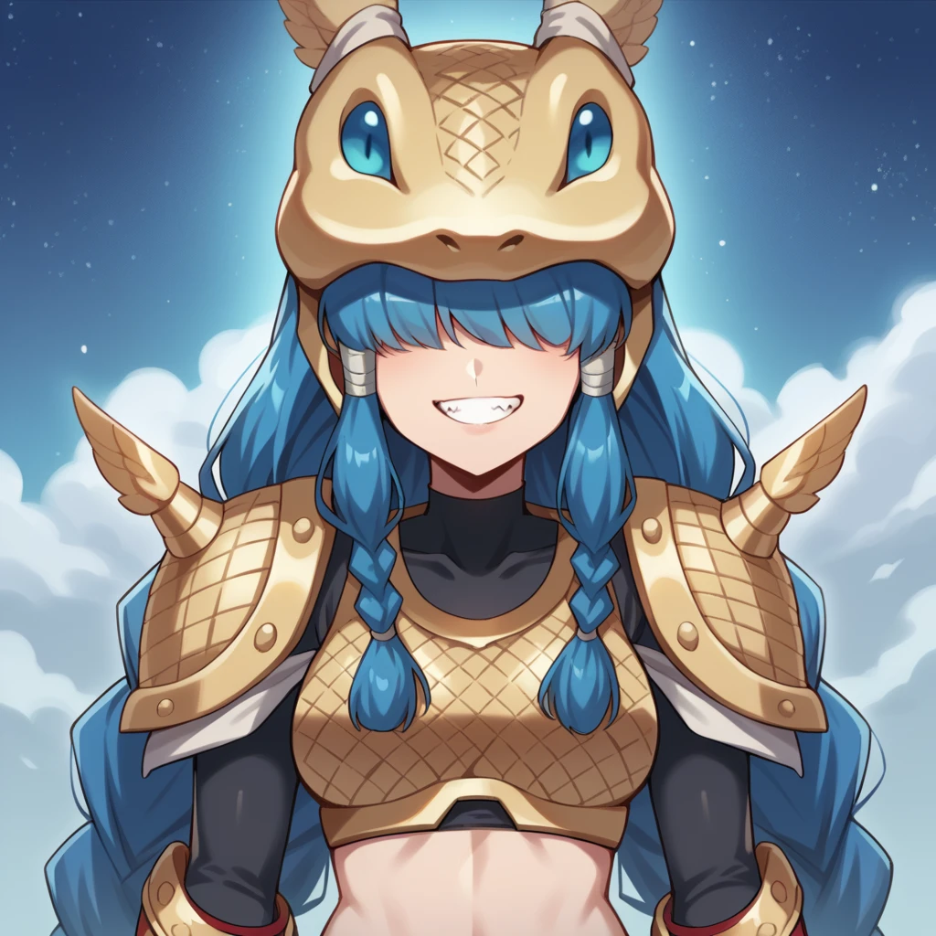 score_9_up, score_8_up, score_7_up, source_anime, masterpiece, best quality, 1girl, solo, Mvon, Minervamon moon light, starry sky, night sky, standing, face focus, looking at you, upper body, cheerful grin, long hair, blue hair, twin braids, covered eyes, helmet over eyes, snake head, midriff, scale armor, shoulder armor, bike shorts, winged helmet, white sarong, black sleeves, gauntlets, armor, dynamic cowboy shot, outdoors, sky clouds background