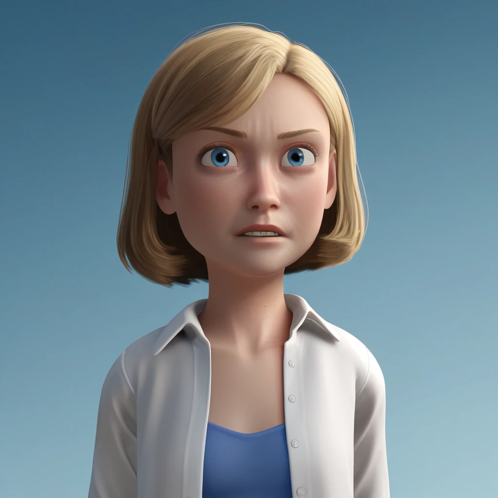 score_8_up, BREAK, 1girl, solo, msdavis, blonde hair, short hair, blue eyes, blue top, white shirt, open shirt, upper body,  <lora:MsDavis_ToysStory_PXL_Leaf1_r1:1>, 3d, blue gradient background,