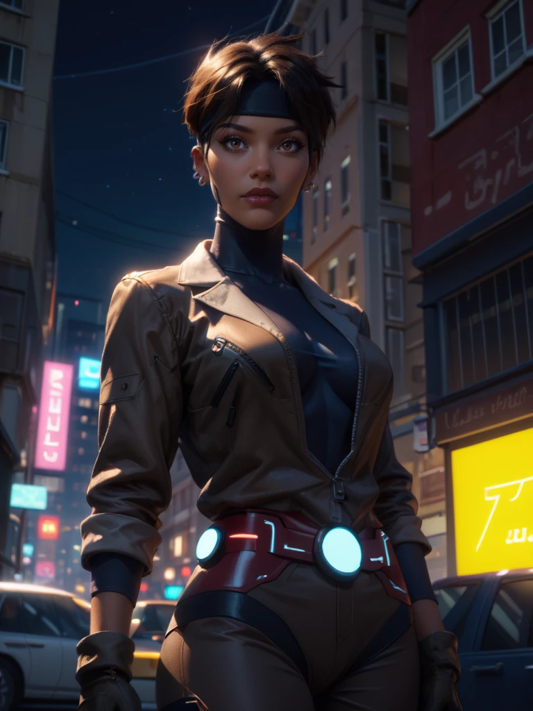 score_9, score_8_up, score_7_up, high quality, masterpiece,  Rocket, 1girl, dark-skinned female, short hair, brown eyes, headband, piercing, earring, bodysuit, jacket, belt, standing, mask, gloves, urban street, dynamic angle, moody lighting, flouting, suggestive pose, professional lighting, ultra realistic, close up, from below, dutch angle,
<lora:Rocket-110reps:0.8>