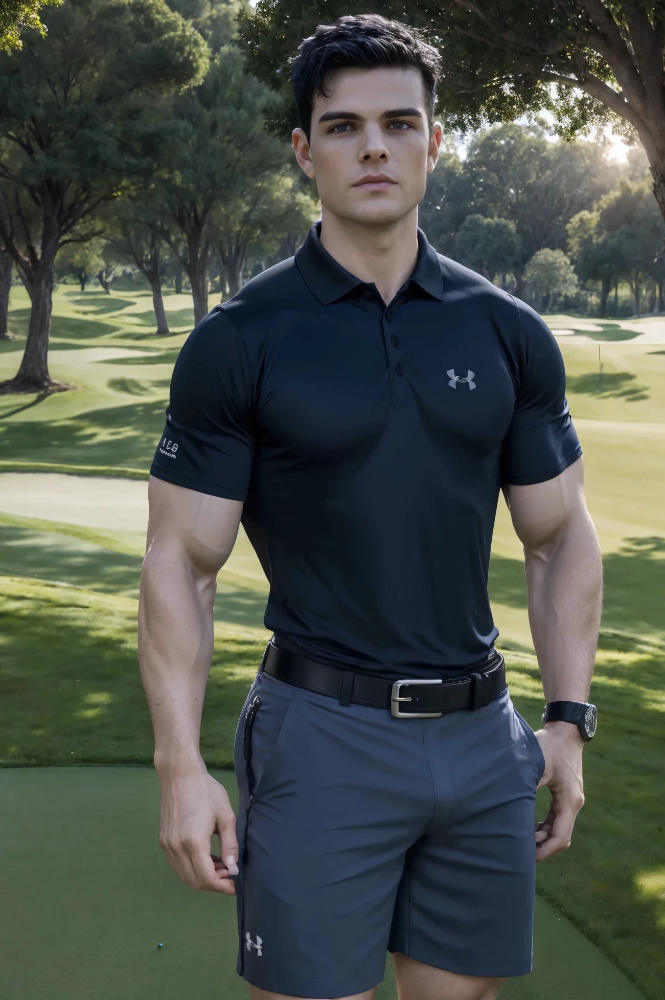 Joshua Orpin, ((wearing a tight (blue) under armour golf polo shirt:1.2)), ((blue) golf polo shirt sleeves tight around his biceps:1.3)), ((wearing tight fitted black shorts with black belt with a silver buckle:1.2)), standing on golf course, (golf course background:1.3), male focus, ((half body body image:1.2)), dramatic lighting, broad shoulders, defined toned body, muscled biceps, looking at the viewer, blue eyes, short black hair, wide angle, ((confident attitude:1.3)),