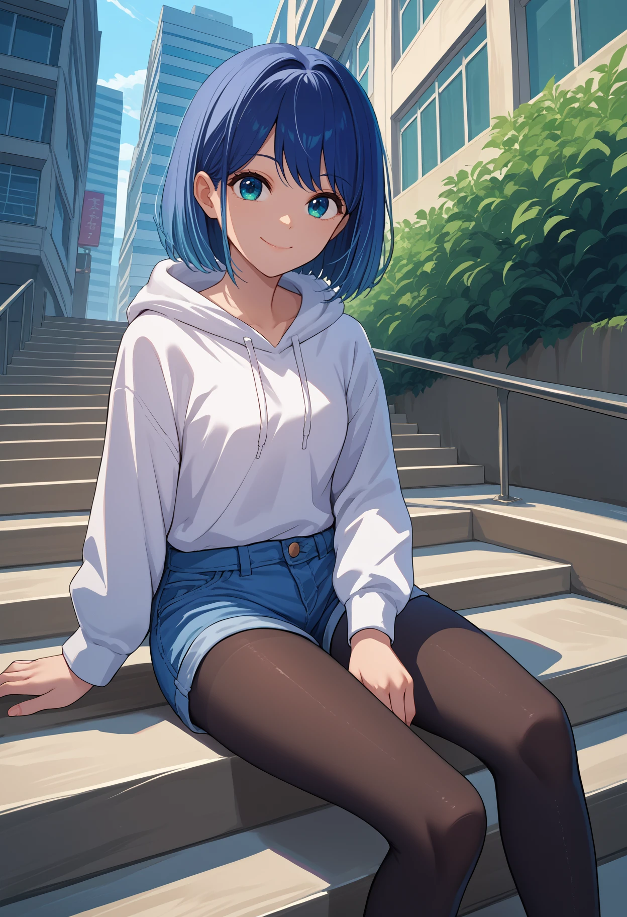 score_9, score_8_up, score_7_up, source_anime, solo, 1girl, kurokawa akane, smile, looking at you, sitting, stairs, white hoodie, blue shorts, denim shorts, black pantyhose, outdoors, city
<segment:yolo-face_yolov8m.pt,0.4,0.5>