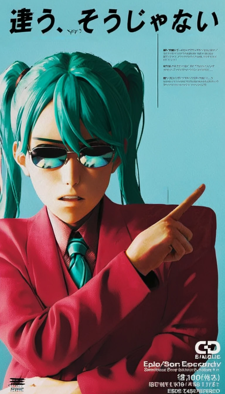 girl,hatsune miku,green hair,twintails,red suit,sunglasses,necktie,clenched hand,<lora:Chigau_Sojyanai_No_its_not_that:0.8>,<lora:hand 4:0.8>