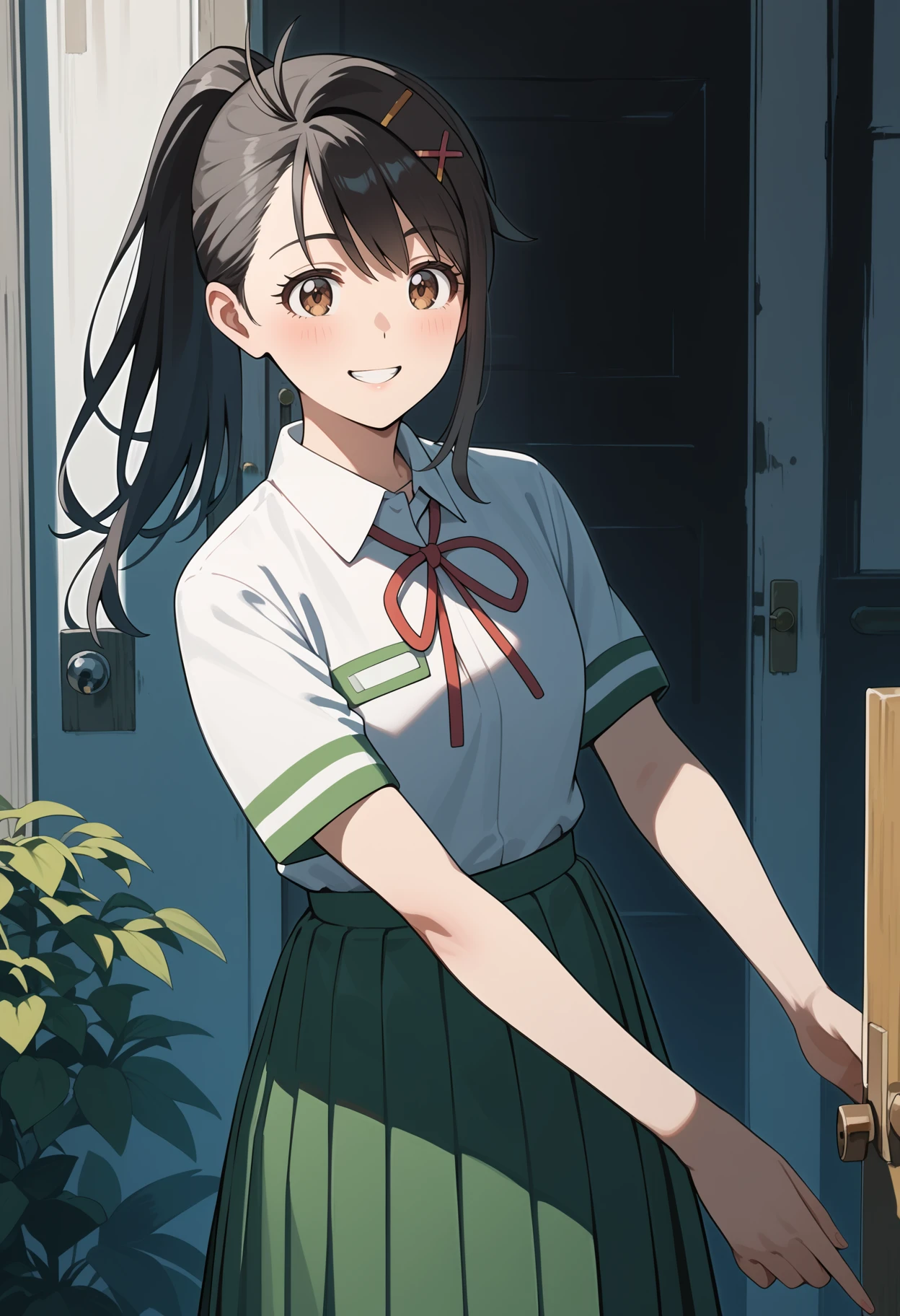 score_9, score_8_up, score_7_up, score_6_up, score_5_up, score_4_up, source_anime, aasuzume, long hair, black hair, antenna hair, ponytail, hairclip, x hair ornament, brown eyes, school uniform, neck ribbon, collared shirt, white shirt, shirt tucked in, short sleeves, pleated skirt, green skirt, <lora:iwato_suzume_ponyxl_v1:0.9>, standing, cowboy shot, smile, outdoors, door, open door,