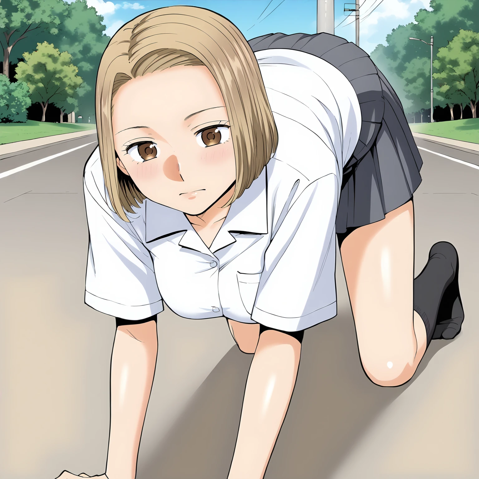 <lora:KZ_TomonoNiiyamaXLpony001>,
solo,
TomonoNiiyama,1girl,blonde hair,bob_cut,forehead,brown eyes,
medium breasts,
dress_shirt,short_sleeves,
pleated_skirt,
black socks,knee length socks,
outdoors,
all fours,