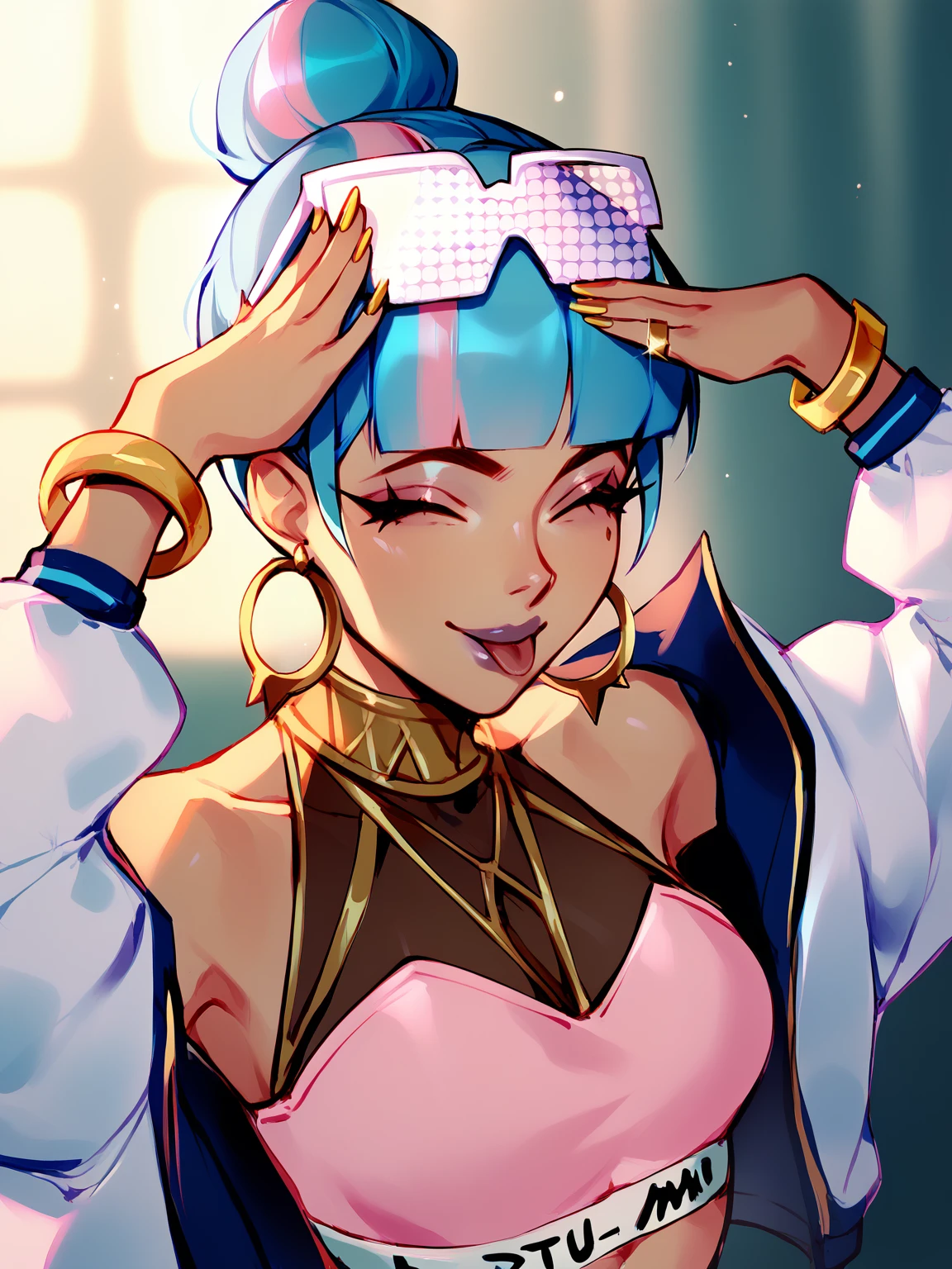 score_9, score_8_up, score_7_up, BREAK, Qiyana True Damage, 1girl, solo, single hair bun, blue and pink hair, glasses, multicolored hair, golden collar, halterneck, pink bra, bare shoulders, white jacket, jewelry, AhEtoBlehMeme, closed eyes, tongue out, :p, hands on own head, smile <lora:QiyanaTD:1>  <lora:AhEtoBlehMeme_pdxl_Incrs_v1:1>