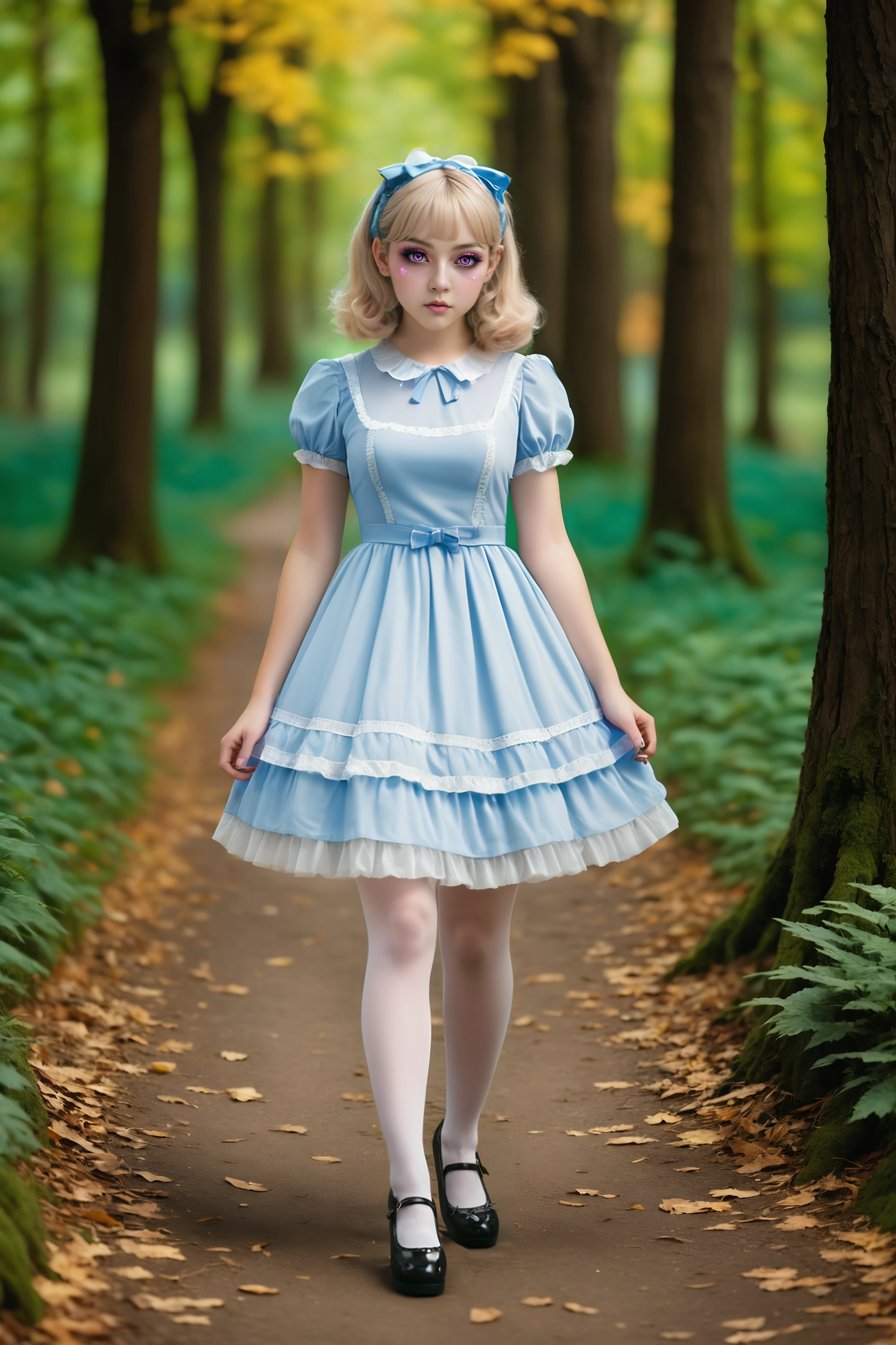 highly realistic (full body photograph) of cute blonde girl, (walking with hands held at waist)
wearing a pale blue sweetop dress
wearing white opaque tights
wearing (black mary jane heels)
(walking) on forest path
outdoor natural lighting, dappled
<lora:sweetlolitaxlv5 (71):0.7>