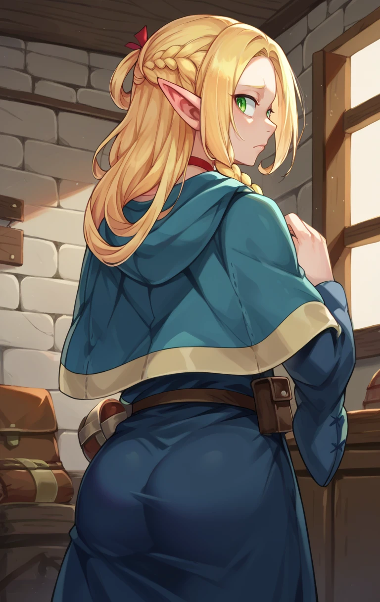 score_9,score_8_up,score_7_up BREAK <lora:marcilledonato:1>,marcilledonatoSDXL,1girl,solo,long hair,blonde hair,green eyes,braid,choker,pointy ears,belt,bag,twin braids,capelet,backpack,elf,pouch,robe,cowboy shot,room,room background,from behind, looking back,