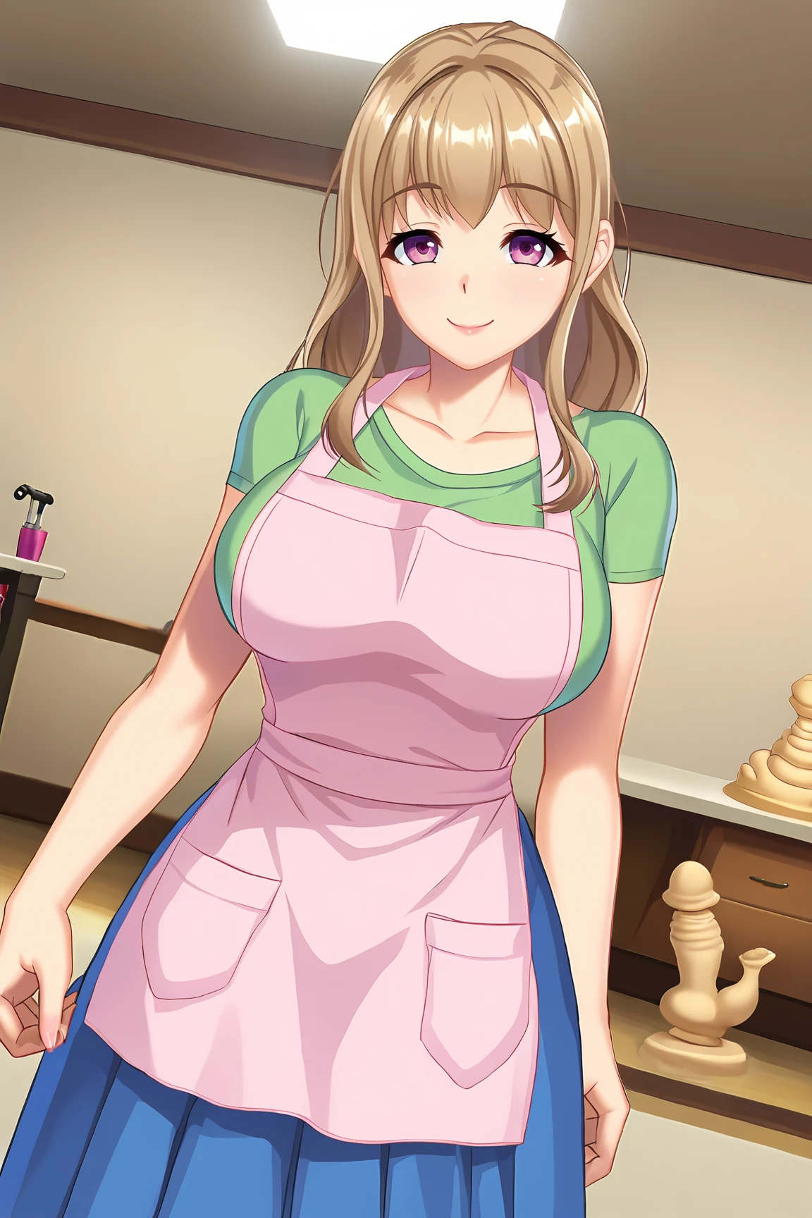 score_9, score_7_up, source_anime, 
BREAK
solo, 1girl, 
<lora:KoshimizuSanae-02:0.8>,
KoshimizuSanae, pink eyes, purple eyes,
pink apron, long apron, green shirt, shirt under apron, short sleeves, blue skirt, long skirt, pleated skirt, collarbone,
BREAK
kind smile, 
Sand Sculpture, 
Making a heart with fingers, 
dutch angle,