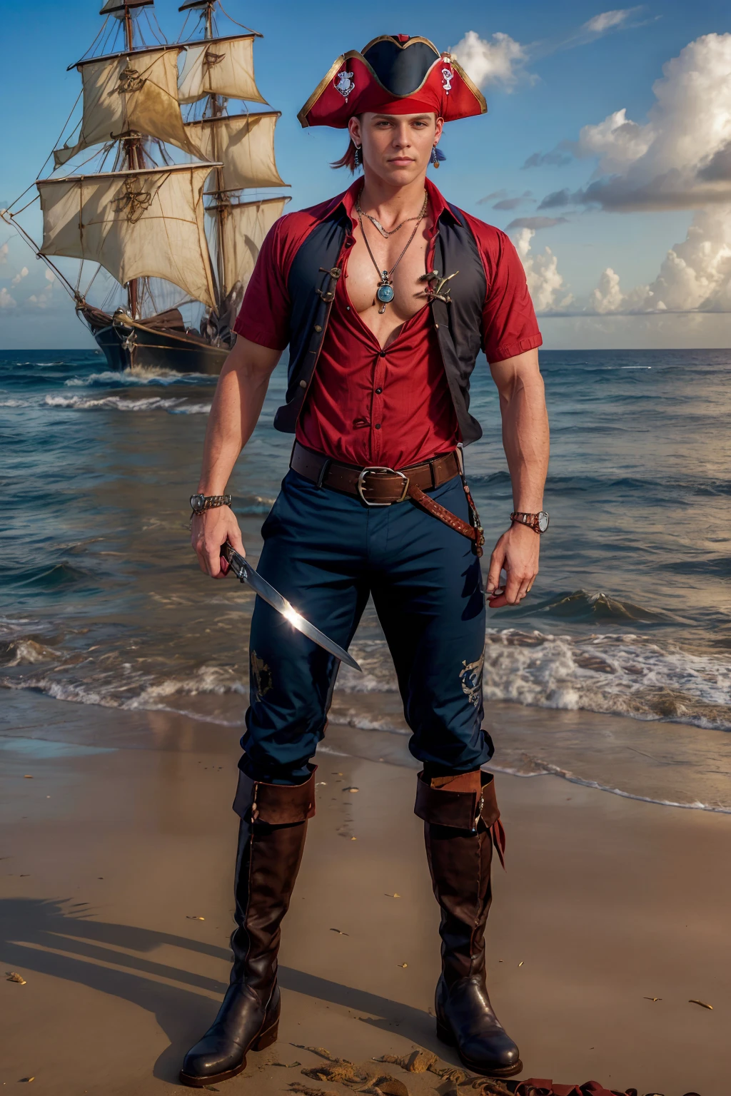 Caribbean beach, ship on the ocean in the background, auburn hair, ChrisWhite is a sexypirate, (shirt:1.5), vest, pirate hat, pants, boots, belt, earrings, necklace, holding a sword,  (((full body portrait))), wide angle  <lora:Clothing - Sexy Pirate:0.50>   <lora:ChrisWhite:0.8>