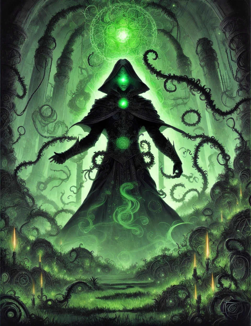 green and black, a man surrounded by nightmares, cosmic horror, tentacles, dark mood, dark ambient, night, horror, blood, terrific, fear, panic, despair