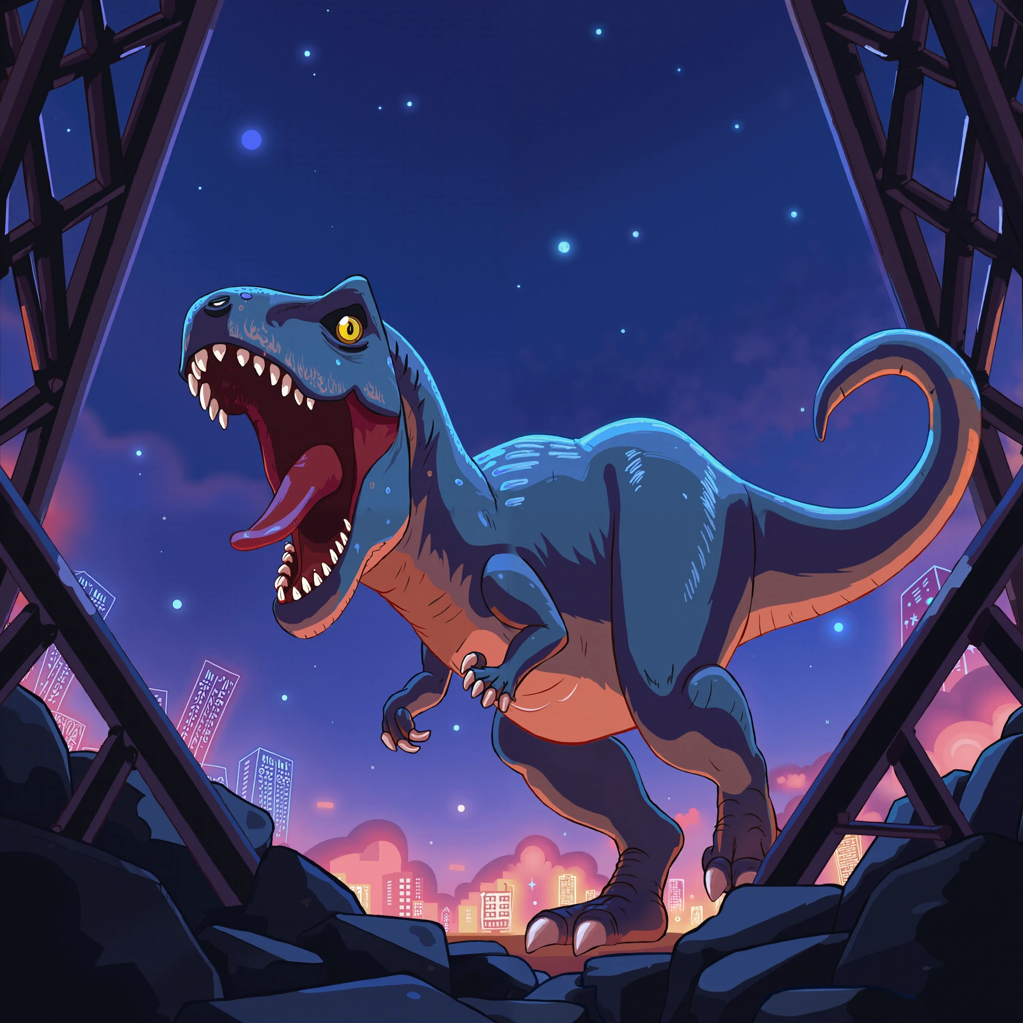 Digital illustration in a vibrant, comic book style. A fierce, blue-scaled Tyrannosaurus Rex charges forward in a ruined cityscape, its mouth open wide, displaying sharp teeth, and its eyes glowing with intensity. The dinosaur's body is framed by dark, jagged debris in the foreground, with twisted steel beams and shattered concrete surrounding it. The background reveals silhouetted skyscrapers under a dark, starry sky, giving the scene a dramatic, apocalyptic atmosphere.