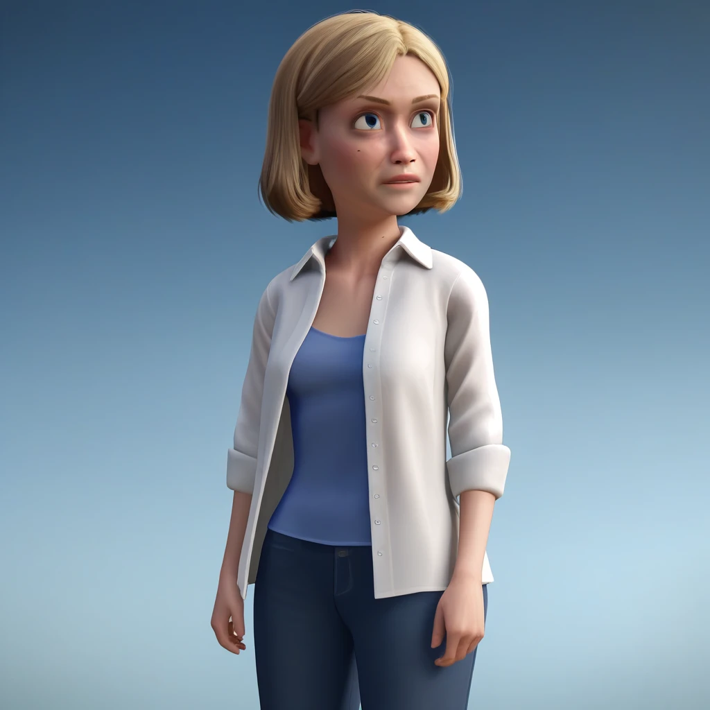 score_8_up, BREAK, 1girl, solo, msdavis, blonde hair, short hair, blue eyes, blue top, white shirt, open shirt, pants, cowboy shot,  <lora:MsDavis_ToysStory_PXL_Leaf1_r1:1>, 3d, blue gradient background,