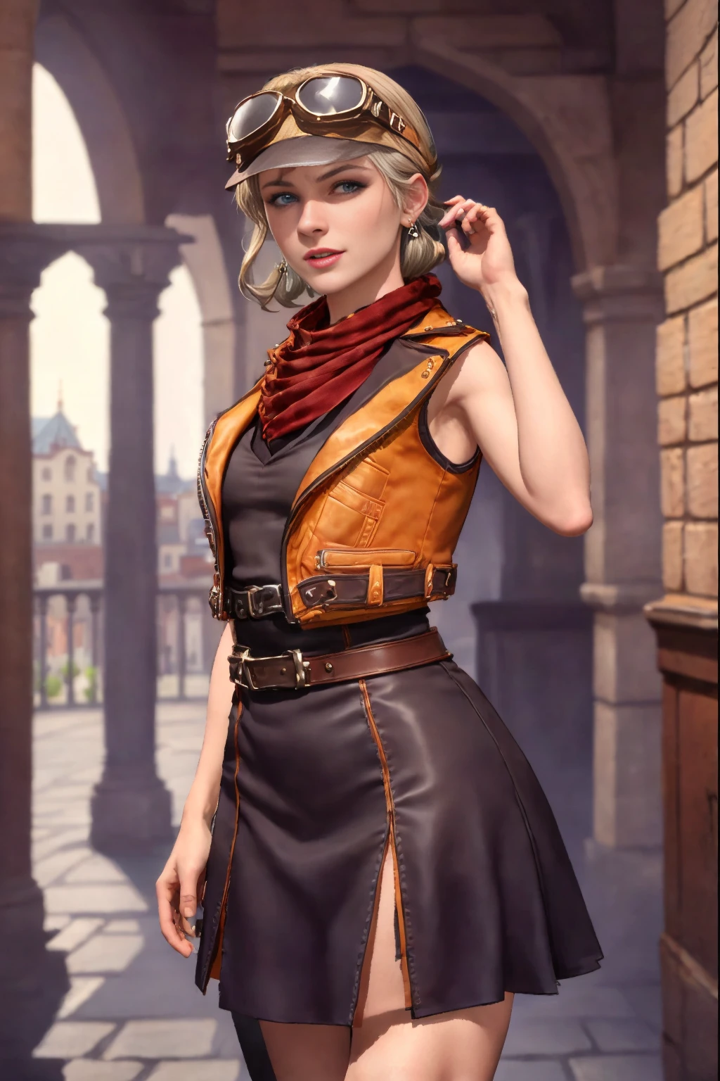 cinematic film still, jewelry, shoes, sleeveless, brown eyes, vest, goggles, scarf, blue eyes, belt, breasts, cowgirl position,  looking at viewer, upper body,  <lora:Misha_Free_Fire:0.8>, GS-Girlish, ((Bratislava Castle)). 
daylight, highly detailed, high budget,  cinemascope, moody, epic, gorgeous