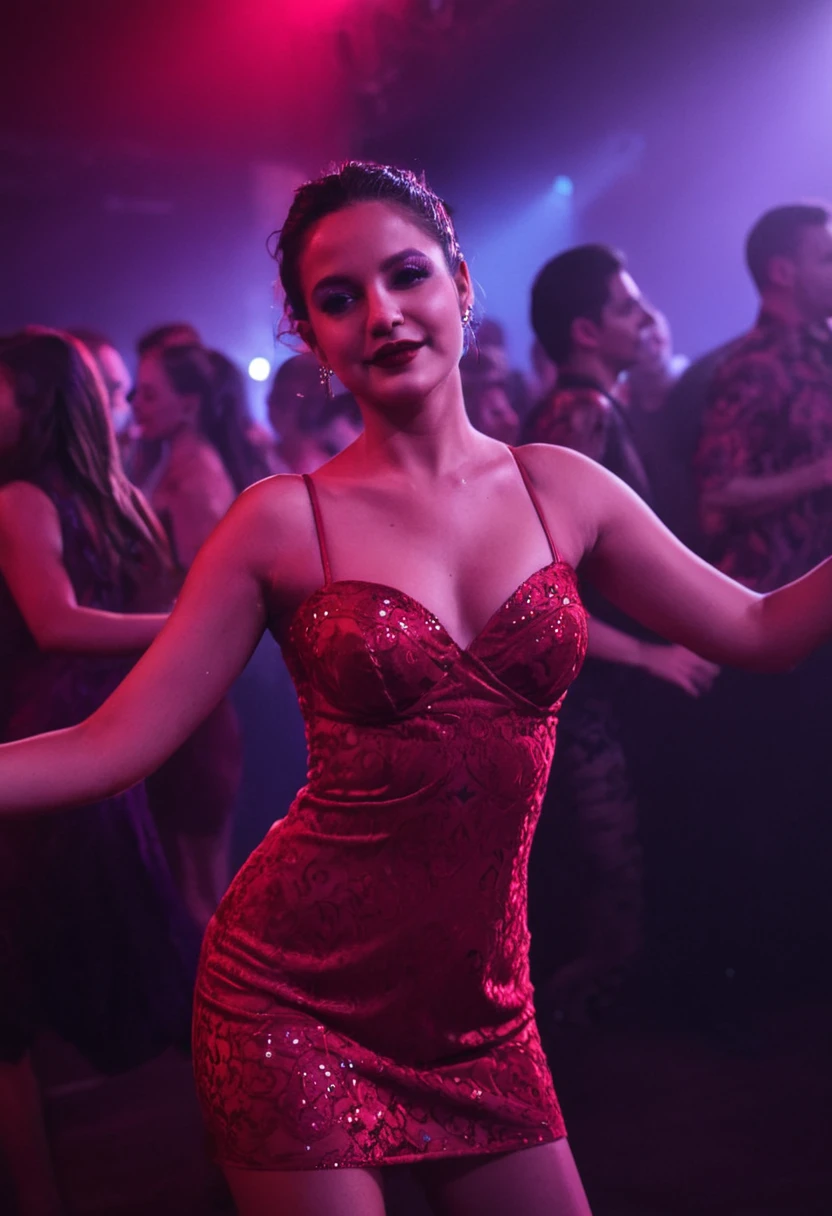 photo of a young woman dancing in a night club, happy, detailed skin, makeup, red dress, crowd in the background, dark, purple tint, blurry <lora:mobile:0.8>