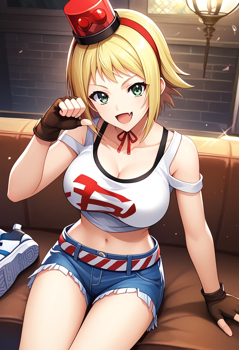 score_9, score_8_up, score_7_up, BREAK source_anime, best quality, masterpiece,very aesthetic, zPDXL2,official art,detailed_eyes,1girl, solo,
patoranran, blonde hair, flipped_hair, short hair, green eyes, large breasts, fang, teenager
top hat, object on head, hairband, breasts, cleavage, tank top, belt, fingerless gloves, navel, midriff, crop top, denim, denim shorts, sneakers
<lora:patoranran_pony_v1:1> 
( sitting:1.3),(dynamic pose),
smile, open mouth,  
looking at viewer,(cowboy shot,:1.5 ),
indoors, (mahjong)