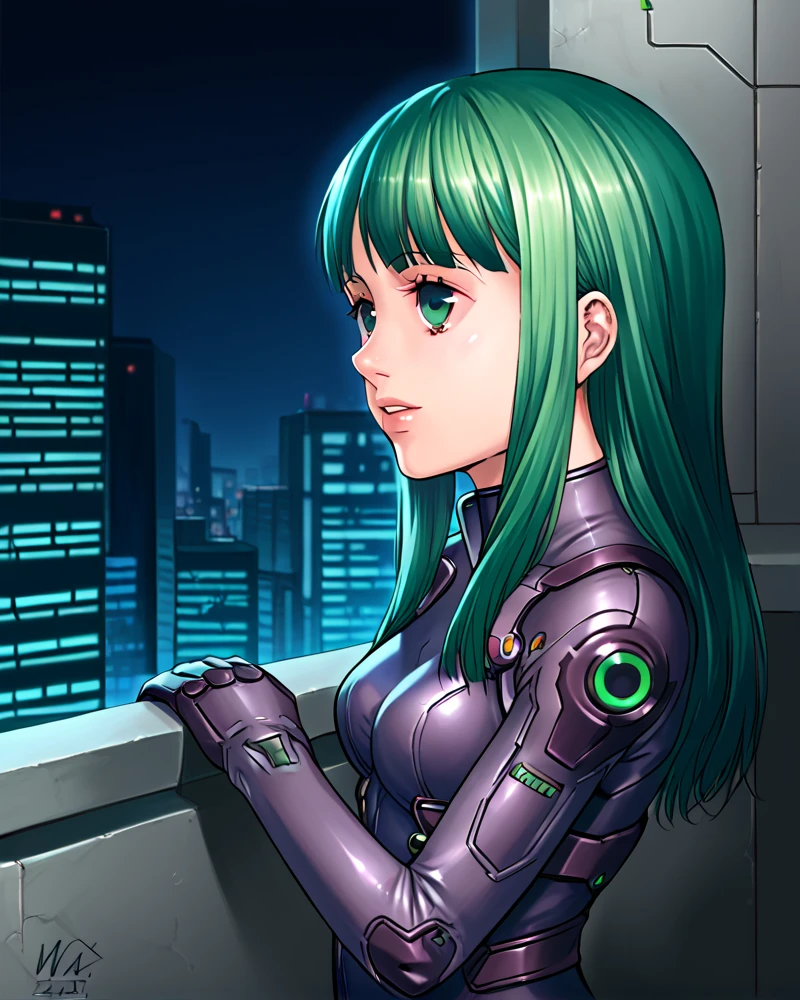 <lora:May_Greenfield_Armored_Core_FORPONY:1>may greenfield, 1girl, green hair, long hair, solo, parted lips, bodysuit, (score_9), detailed, longing, on balcony, mechanical city, cyberpunk, from side <lora:Meramera_Jealousy_ForPony:1>