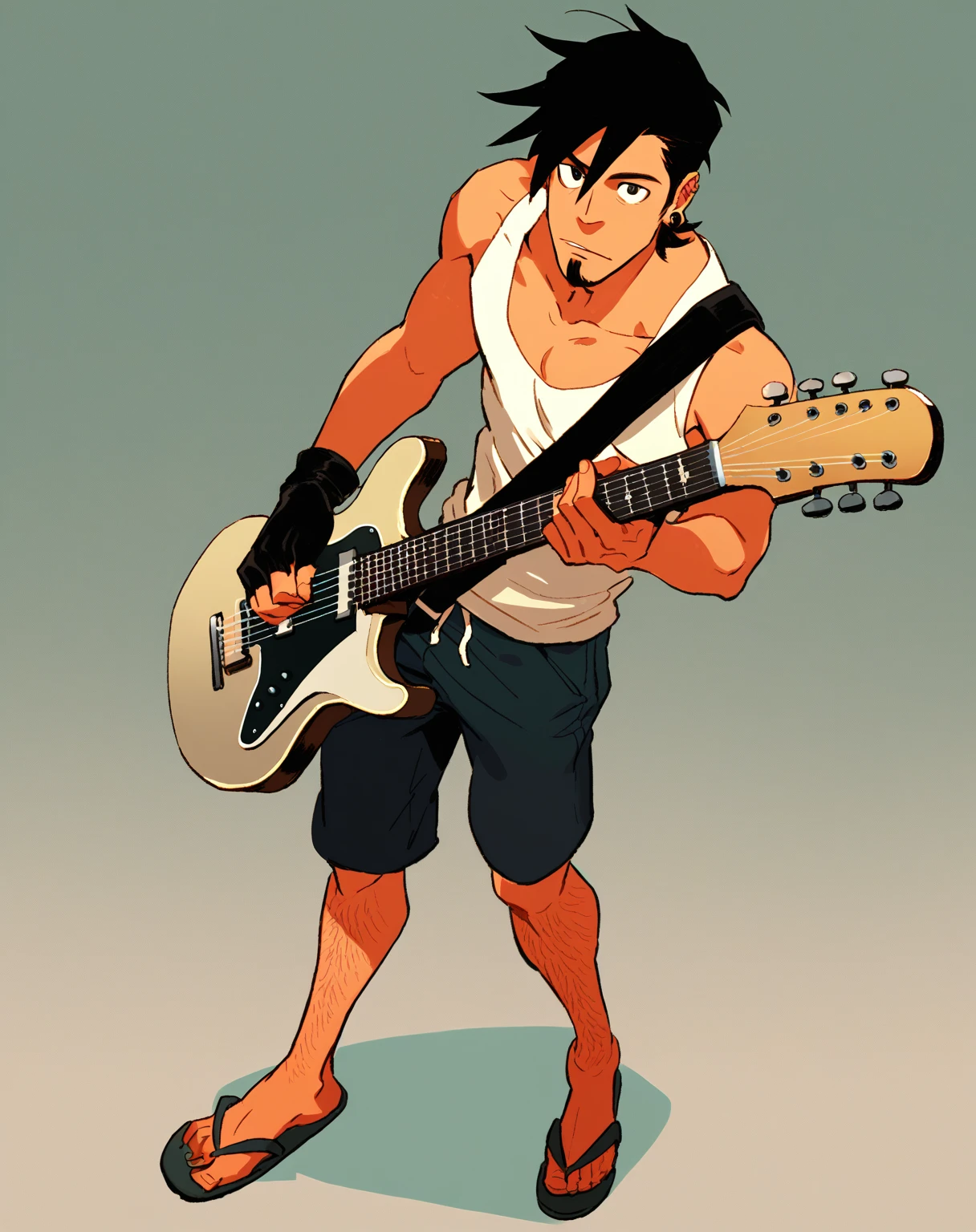 score_9, score_8_up, score_7_up, score_6_up, 1boy, solo, diego, tank top, shorts, leg hair, goatee, earrings, black hair, looking at you, standing, playing guitar, flip flops<lora:EMS-454010-EMS:0.800000>