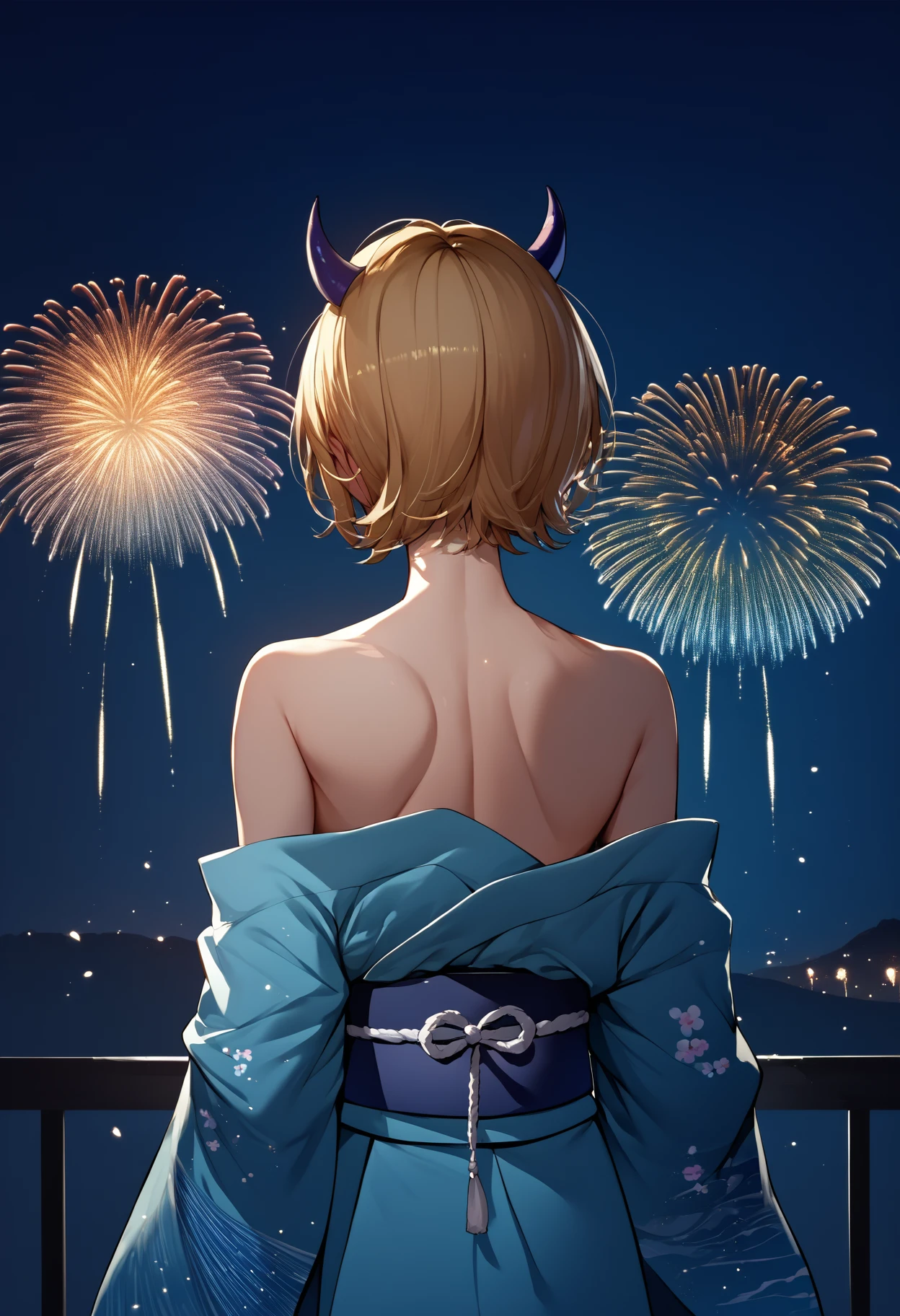 score_9, score_8_up, score_7_up, source_anime, from behind, solo, 1girl, mem-cho, facing away, fake horns, demon horns, japanese clothes, blue kimono, off shoulder, bare shoulders, fireworks