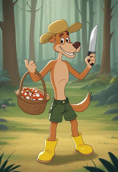 score_8, pine woods forest background, 
yellow rubber boots, hay hat, military shorts,  mushroom basket in one hand, knife in another hand, evil smile, 
sharik, solo male  anthro dog, furry character, canine, prostokvashino,