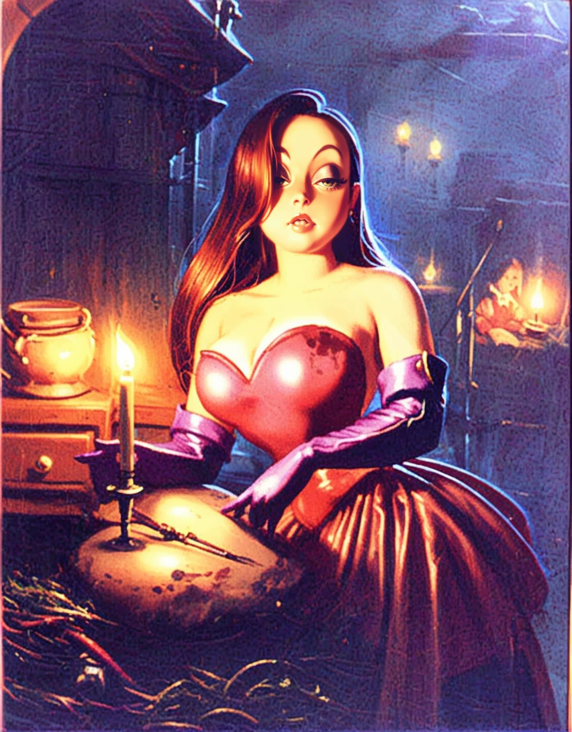 <lora:PetrusVanSchendel_pony_v1:1> 'jessicarab by candlelight' by van schendel petrus in 1888, night candles,attic
genre painting \(genre\)
romanticism \(style\)
<lora:JessicaRabbitXL:1>  1girl, long hair, makeup, elbow gloves, strapless dress, score_9, score_6_up, score_7_up