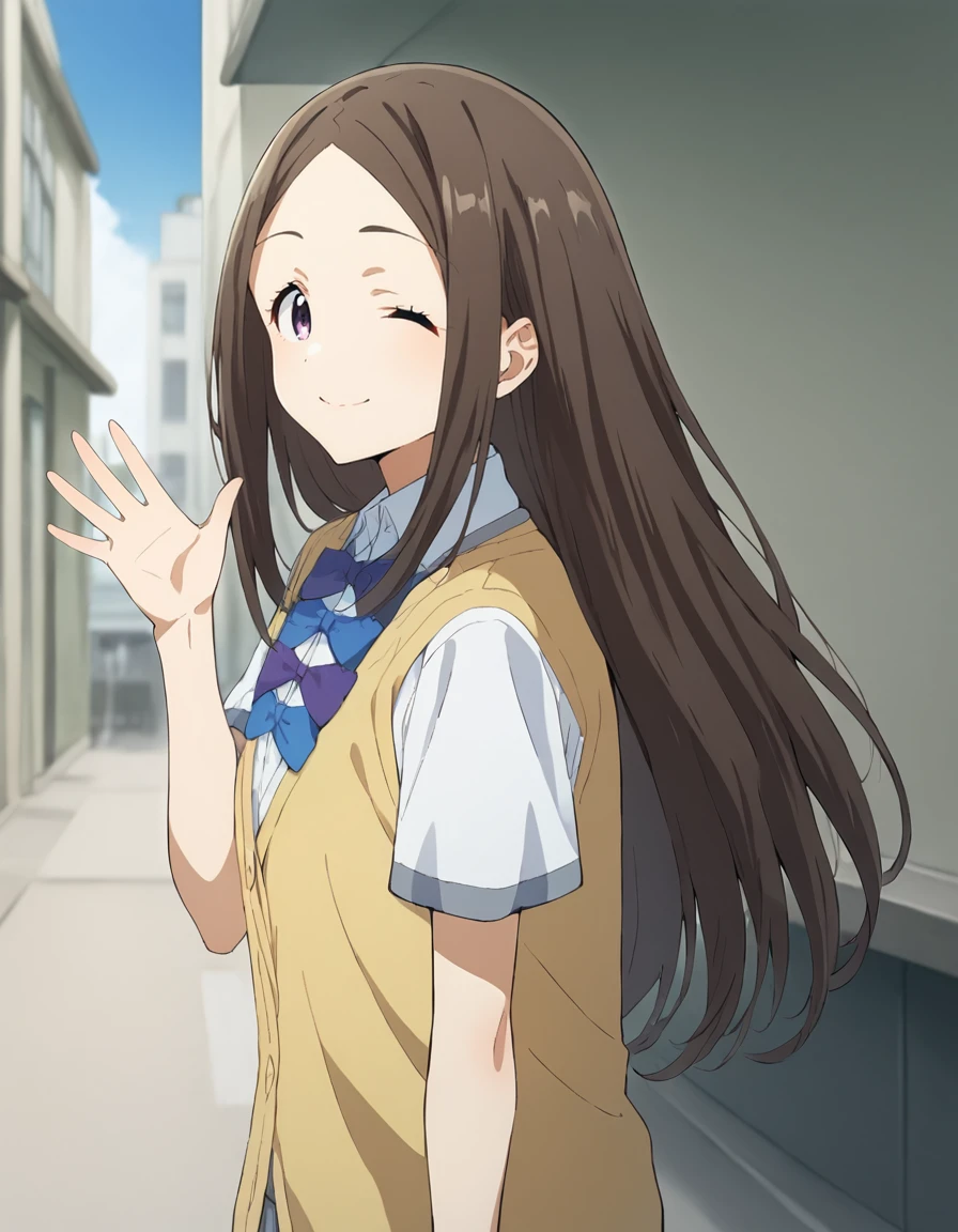 score_9, score_8_up, score_7_up, source_anime, BREAK
1girl, solo, looking at viewer, outdoors, blue sky, blurry background, cowboy shot, light smile, from side, waving hand, wink,
chihaya asagumo, long hair, brown hair, parted bangs, sidelocks, purple eyes,
school uniform, white collared shirt, yellow cardigan vest, short sleeves, purple bow, blue bow, grey pleated skirt,
<lora:chihaya_asagumo_anime-soralz:1>