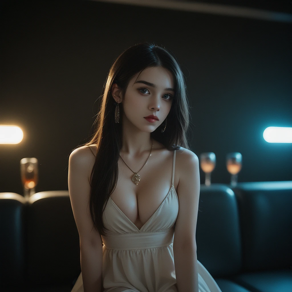 score_9,score_8_up,score_7_up,film_grain,cinematic,cinematic_light,((rough_skin,realistic skin)),(freckles:0.6),volumetric_lighting,vivid_colours,rembrandt_lighting,
dynamic_angle,
1girl,supermodel,perfect_face,oval_face,beautiful,temperament,feminine_charmsexy,beautiful_eyes,bishoujo,gigantic_breasts,breasts_out,
long_hair,sitting_on_sofa,lowleg_taut_dress,earrings,necklaces,
bar,decorations,vase,Neon lights,
darkness,late at night,