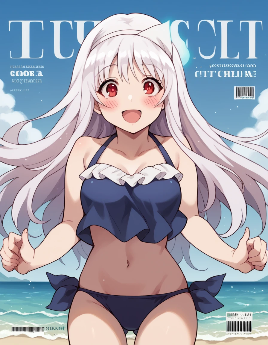 score_9, score_8_up, score_7_up, source_anime, <lora:yuuna-yunohana-s1-ponyxl-lora-nochekaiser:1>, yuuna yunohana, long hair, red eyes, white hair,, <lora:magazine-cover-ponyxl-lora-nochekaiser:1>, magazine cover, fake magazine cover, cover, fake cover, price, cover page, text focus, barcode, content rating, dated,, beach, swimsuit, open mouth, splashing, smile, blush, bikini, navel, , cowboy shot, dutch angle