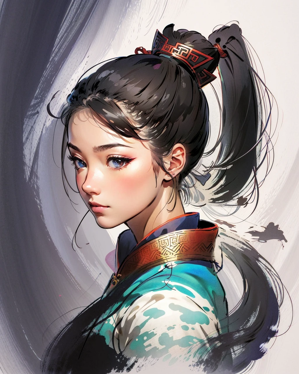 best quality,masterpiece,highly detailed,ultra-detailed, 
1girl, portrait, close-up, black hair, high ponytail, from side
chen-uen, chinese clothes, , solo sword, é­å,chinese ink
  <lora:Chen-Uen:1.25>