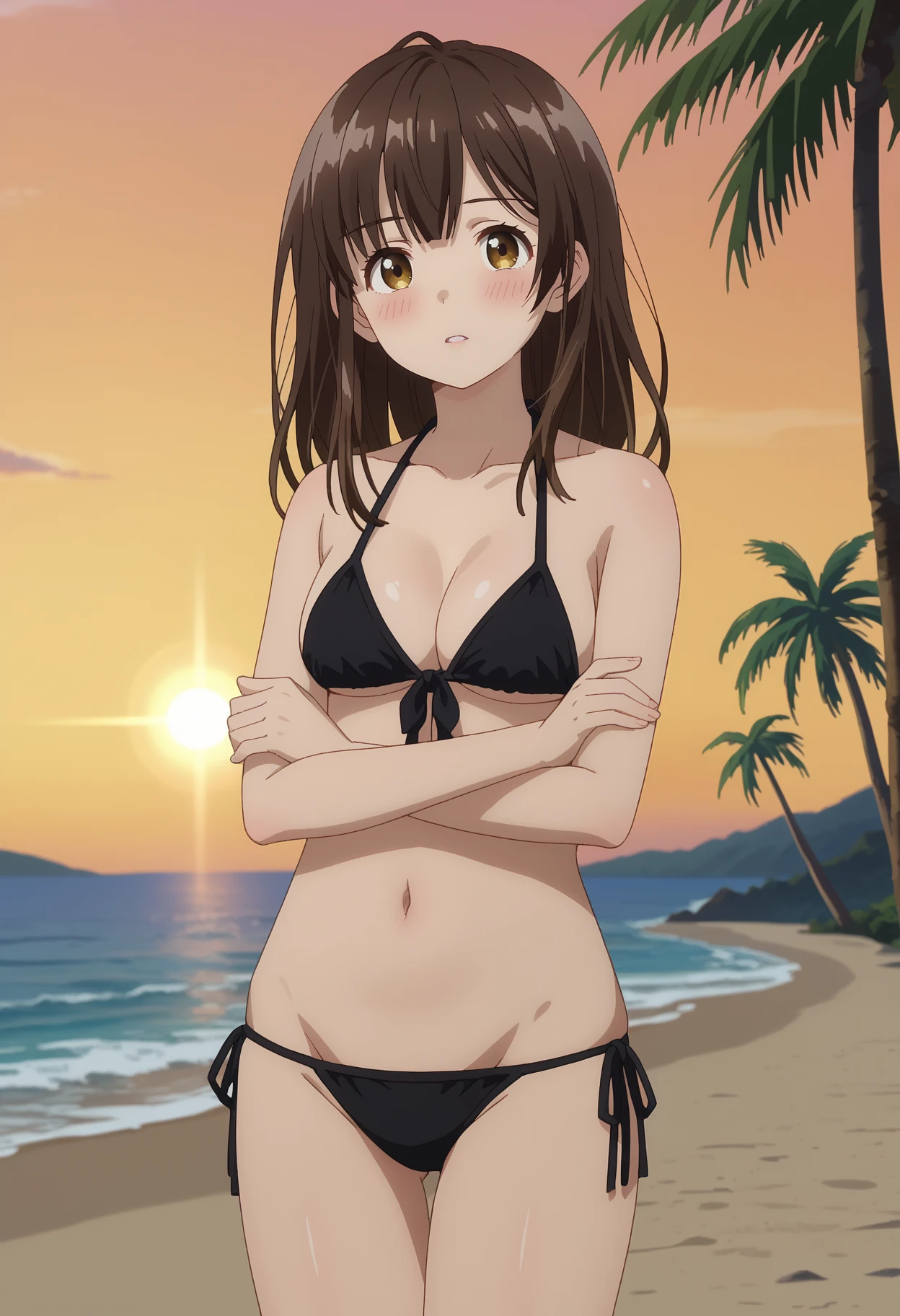 score_7_up, anime screencap,
<lora:HigeHiro_OgiwaraSayuXL:0.8>,
1girl, solo, parted lips, blush,
long hair, brown hair, multicolored eyes, brown eyes, yellow eyes,
Sayu, string bikini, black bikini, front-tie bikini top, side-tie bikini bottom,
crossed arms, standing, looking at viewer,
blurry background, sunset, lens flare, beach, horizon, palm tree