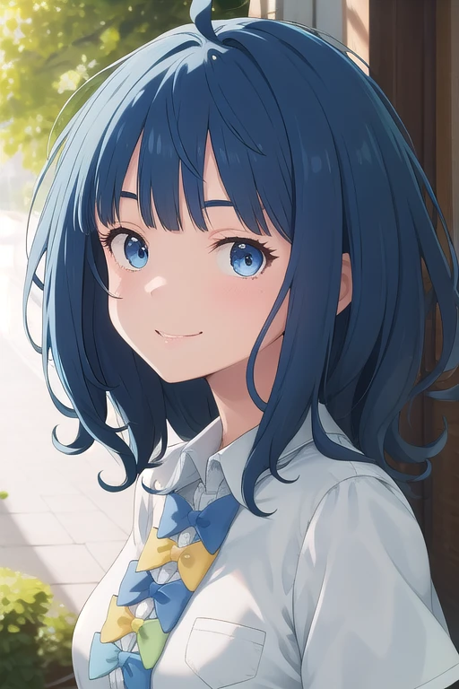 ((masterpiece)),(best quality),official art,extremely delicate and beautiful,extremely detailed CG,unity 8k wallpaper,ultra detailed,beautiful detailed eyes,extremely detailed face,outdoors,1girl,solo,upper body,(portrait:1.5),looking at viewer,facing viewer,smile,Yanami Anna,ahoge,medium hair,blue hair,sidelocks,blunt bangs,blue eyes,school uniform,collared shirt,white shirt,pocket,blue bow,yellow bow,short sleeves,medium breasts,skindentation,shirt tucked in,blue skirt,pleated skirt,black socks,loafers,<lora:Yanami Anna(mtmlh):2>,