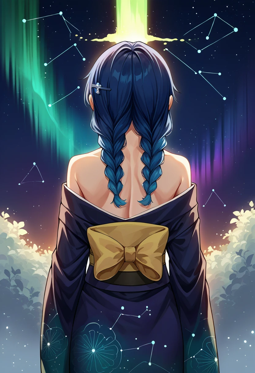 score_9, score_8_up, source_anime, 1girl, solo, MegumiTadokoro, long hair, twin braids, hairclip, aurora, back, bare back, bare shoulders, constellation, from behind, kimono, light particles, long sleeves, off shoulder, <lora:ChamMegumiTadokoroPonyXL:1>