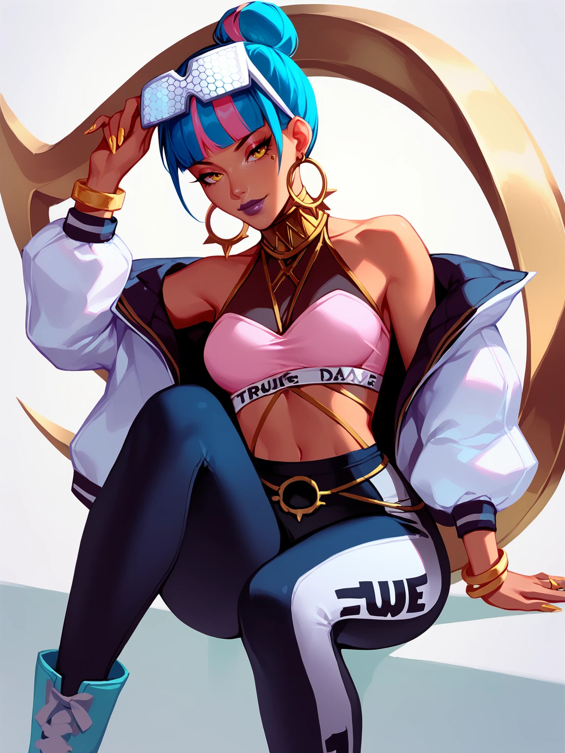 score_9, score_8_up, score_7_up, BREAK, Qiyana True Damage, 1girl, solo, single hair bun, blue and pink hair, glasses, multicolored hair, golden collar, halterneck, pink bra, bare shoulders, white jacket, black leggings, jewelry, blue boots,  <lora:QiyanaTD:1>