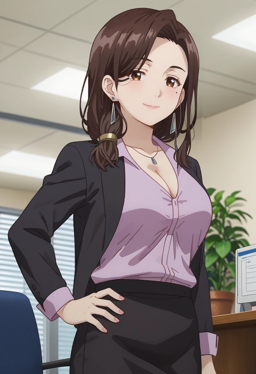 score_7_up, anime screencap,
<lora:HigeHiro_GotouAiriXL:1>, GotouAiri,
1girl, solo, closed mouth, light smile, mature,
long hair, brown hair, hair over shoulder, brown eyes, mole under eye, earrings,
black jacket, purple shirt, cleavage, pencil skirt, black skirt,
standing, looking at viewer, hand on own hip,
blurry background, indoors, office