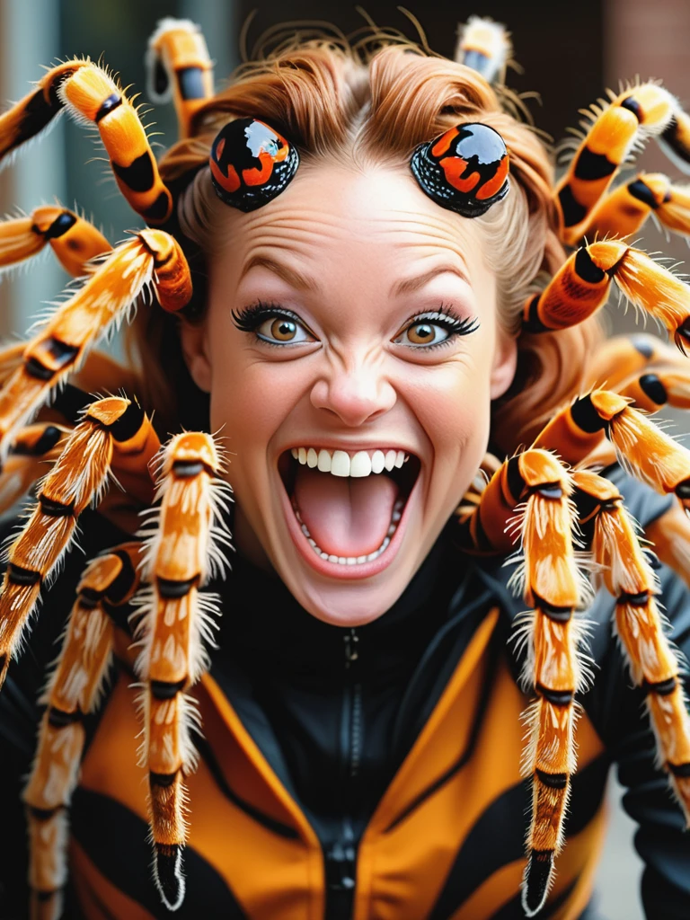 ultra detailed absurdres professional sharp focus 35mm photorealistic photograph of 
(Crystal_Allen:1.1) with a goofy smile,
cosplaying as a tarantula,
 <lora:Crystal_Allen-SDe12:0.8>