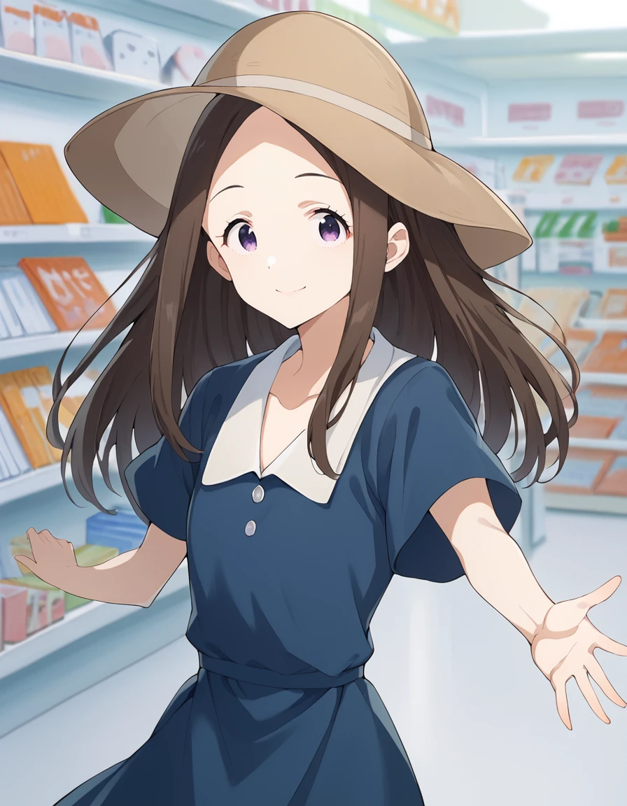 score_9, score_8_up, score_7_up, source_anime, BREAK
1girl, solo, looking at viewer, shopping mall, crowd, dutch angle,
chihaya asagumo, long hair, brown hair, parted bangs, sidelocks, purple eyes, light smile, outstretched arms,
brown headwear, collarbone, blue dress, (collared dress:0.9), short sleeves,
<lora:chihaya_asagumo_anime_v2-soralz:1>