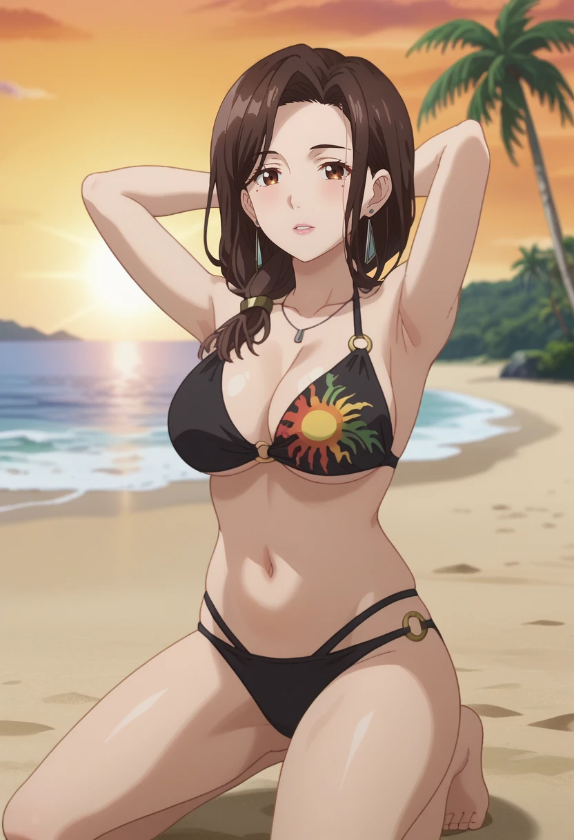 score_7_up, anime screencap,
<lora:HigeHiro_GotouAiriXL:1>, GotouAiri,
1girl, solo, parted lips, mature, seducing gaze,
long hair, brown hair, hair over shoulder, brown eyes, mole under eye, earrings,
print bikini, o-ring bikini, black bikini
kneeling, arms behind head, looking at viewer,
blurry background, sunset, lens flare, beach, horizon, palm tree