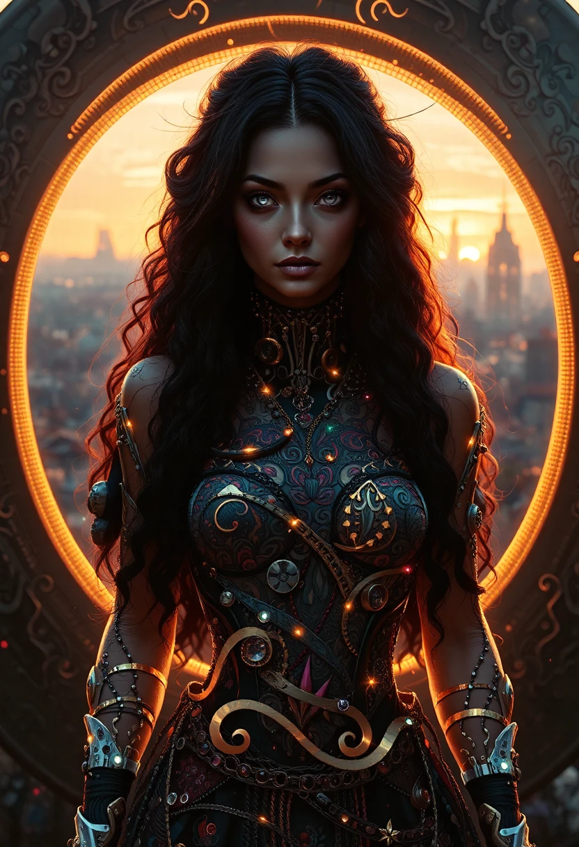 gypsypunk style, Sunset a sliver of the sun is barely above the horizon still, a Cybernetic Gypsy woman, sleek high-tech vardo behind her, its surface etched with intricate, swirling patterns that seem to shift and shimmer in the light, atmospheric sperective. Long black hair with ringlets cascades down her back, and her heterochromia eyes with a mechanical dimly lit right eye and a natural dark left eye that is full of ancient wisdom of untold secrets and stories. Futuristic metropolis in the distance, a stark contrast to the mystical aura that surrounds her and her vardo. Crystalline arms, robotic right eye, colorful embroidered high neck embroidered outfit the features a riot of colors and patterns adorned with tiny pulsing circuits fiber optics and led's that seem to be woven into the fabric itself. Standing outside her vardo, the augmented gypsy is surrounded by a halo of soft, pulsing light that seems to emanate from the very air itself, as if the boundaries between technology and mysticism are blurring, and the very fabric of reality is being rewritten. <lora:other/FluxDFaeTasticDetails> . gypsy-inspired aesthetic with punk elements, traditional gypsy music, and augmented mechanical enhancements