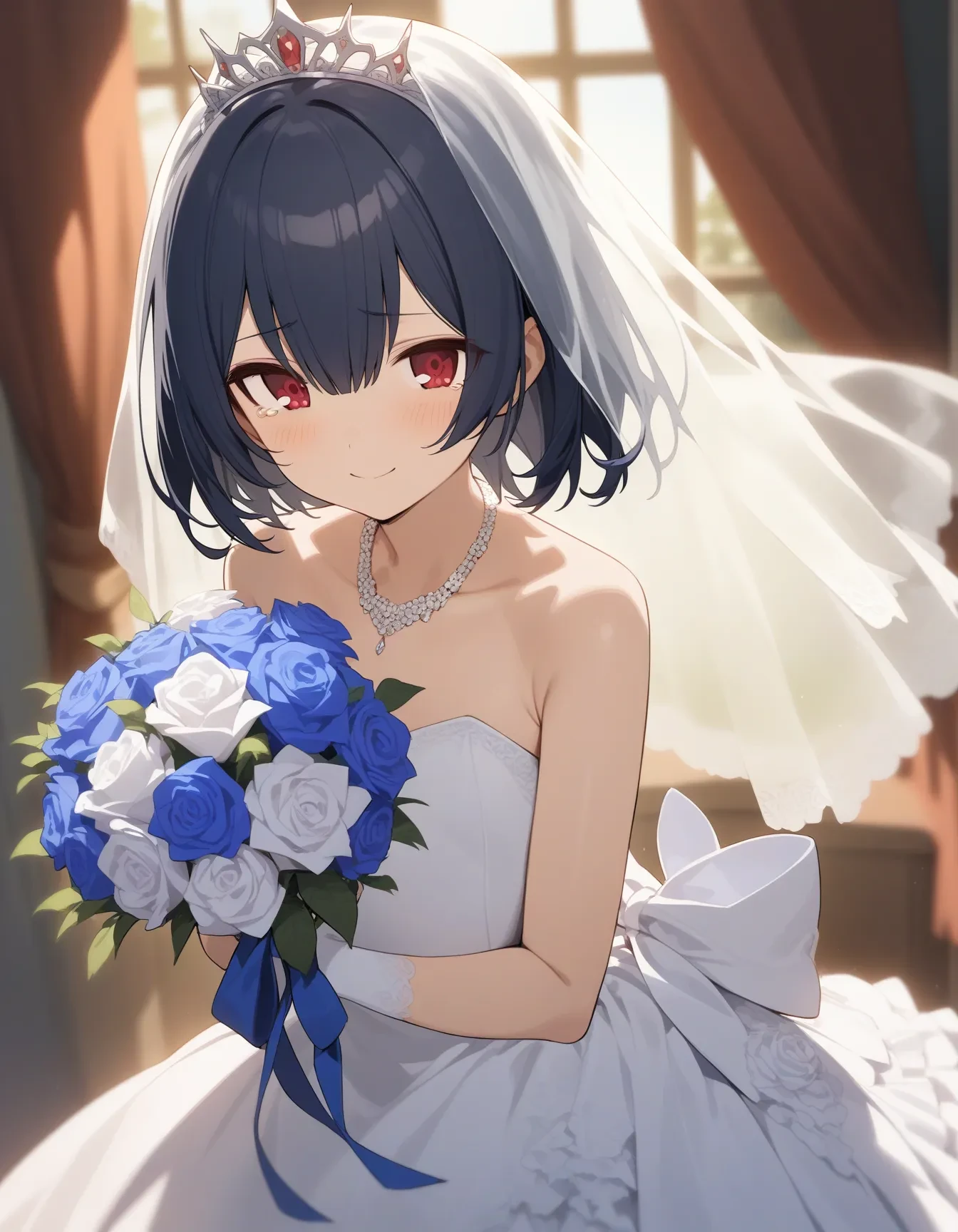 r_morinoFCW, straight hair, 1girl, solo, tearing_up, red eyes, medium hair, black hair, blue hair, bangs, hair between eyes, (flat chest:1.2), back bow, blurry, blurry background, blush, bouquet, bow, curtains, day, dress, flower, frilled dress, frills, gloves, holding, holding bouquet, indoors, jewelry, looking at viewer, necklace, closed mouth, rose, smile, tiara, veil, wedding dress, white dress, white gloves, window,
masterpiece, best quality, very aesthetic, absurdres
<lora:r_morinoXL_animagine:1>