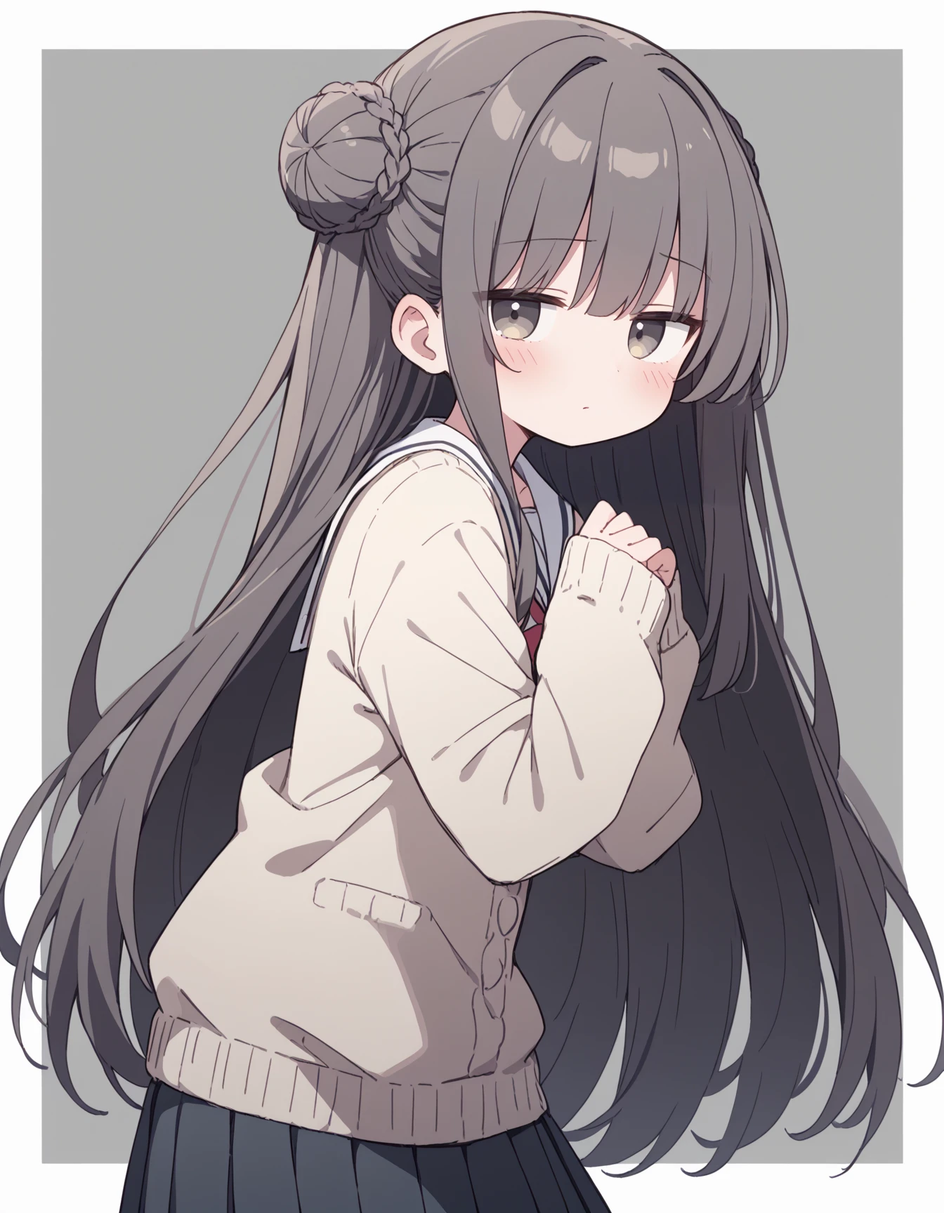 source_anime, best quality, 1girl, very long hair, school uniform, sweater, bun, shy, blush, the pose, from side, simple background, gray background, outside border, (from below:0.6),