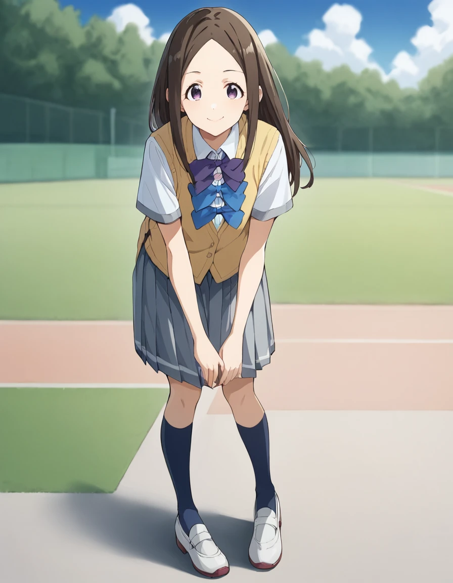 score_9, score_8_up, score_7_up, source_anime, BREAK
1girl, solo, looking at viewer, leaning forward, blue sky, cloud, blurry background, trackfield, school, outdoors, full body, light smile,
chihaya asagumo, long hair, brown hair, parted bangs, sidelocks, purple eyes,
school uniform, white collared shirt, yellow cardigan vest, short sleeves, purple bow, blue bow, grey pleated skirt, (long skirt:0.8), blue kneehighs, white footwear,
<lora:chihaya_asagumo_anime-soralz:0.9>