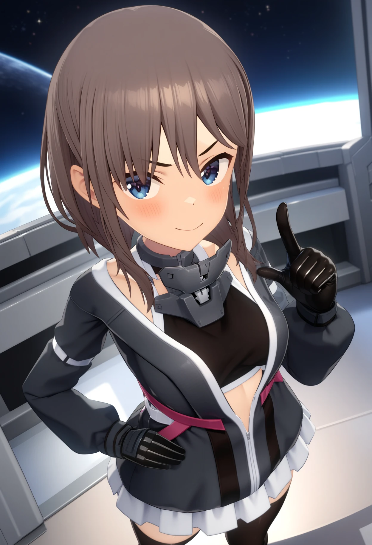 masterpiece,best quality,very aesthetic,absurdres,rim light,metallic luster,intricate details,1girl,<lora:yuuto_v1.3:1>,yuuto,Blacksmith_y,long_sleeves,black sports bra,black gloves,zettai ryouiki,black_thighhighs,<lora:Fixhands_anime_bdsqlsz_V1:1>,
smirk,light_blush,Space Station,starry_sky,looking_at_viewer,cinematic_angle,front view,pointing,point to here,hand on hip,standing,spread legs,from_above,, masterpiece,best quality, very aesthetic, absurdres, ultra detailed, high resolution, 4k, extremely detailed CG,