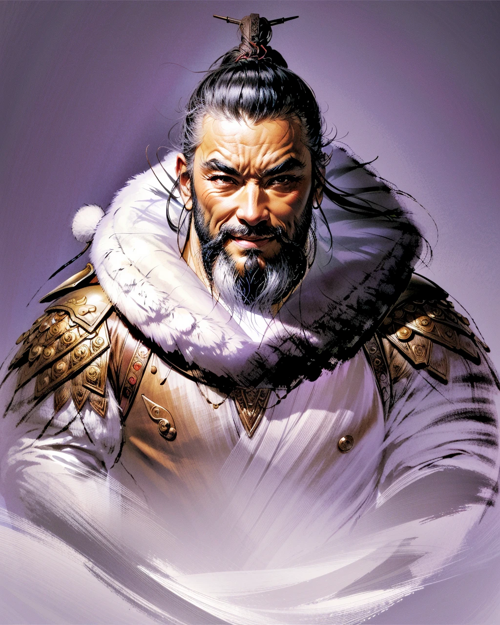 best quality,masterpiece,highly detailed,ultra-detailed, 
1boy, beard, chen-uen, facial hair, fur trim, male focus, simple background, smile, solo, spear, upper body, é­å
  <lora:Chen-Uen:1.5> é­å, chen-uen