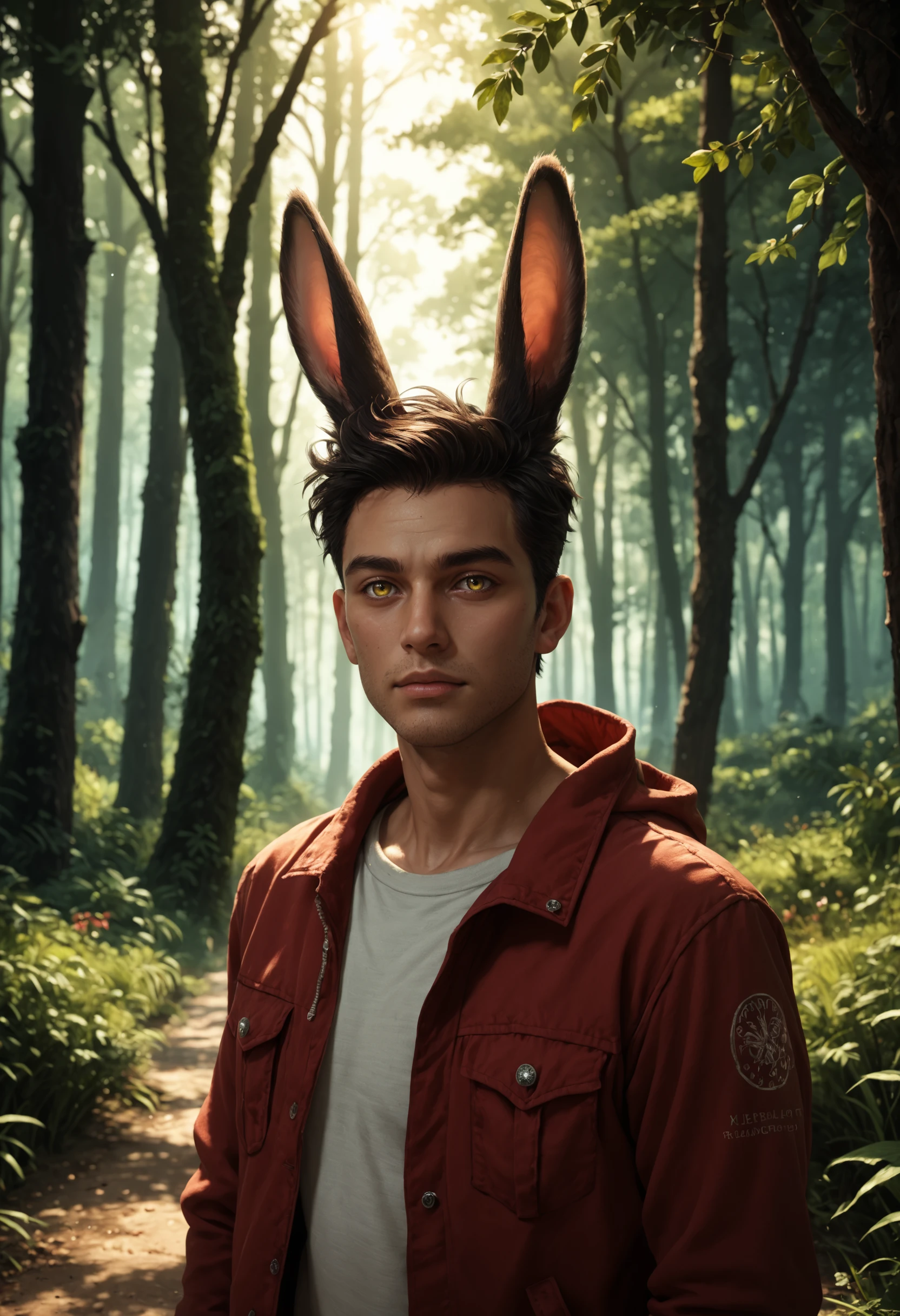 1boy, viera, rabbit ears, black hair, male focus, yellow eyes, colored skin, dark skin, black skin, jacket, shirt, bush, dappled sunlight, day, field, forest, grass, jungle, looking at viewer, nature, outdoors, path, plant, realistic, shade, solo, sunlight, tree, tree shade, upper body, portrait, YR_GradLight Score_PnyReal