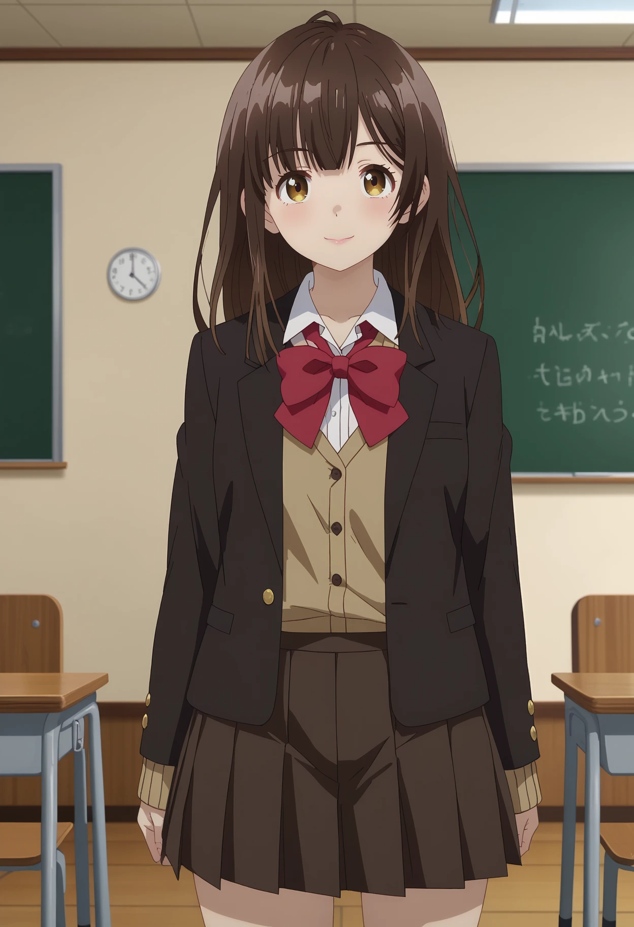 score_7_up, anime screencap,
<lora:HigeHiro_OgiwaraSayuXL:0.9>, 
1girl, solo, closed mouth, light smile,
long hair, brown hair, multicolored eyes, brown eyes, yellow eyes,
SayuSchool, blazer, brown jacket, brown sweater, white shirt, red bowtie, pleated skirt, brown skirt, 
standing, looking at viewer,
blurry background, indoors, classroom