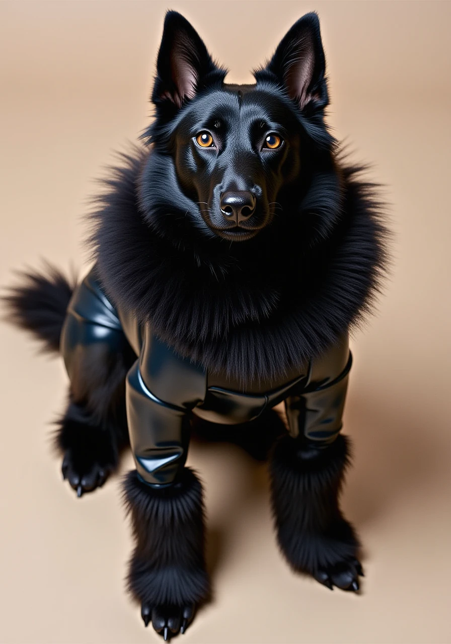 A black poodle in a black dress STANDING and serious