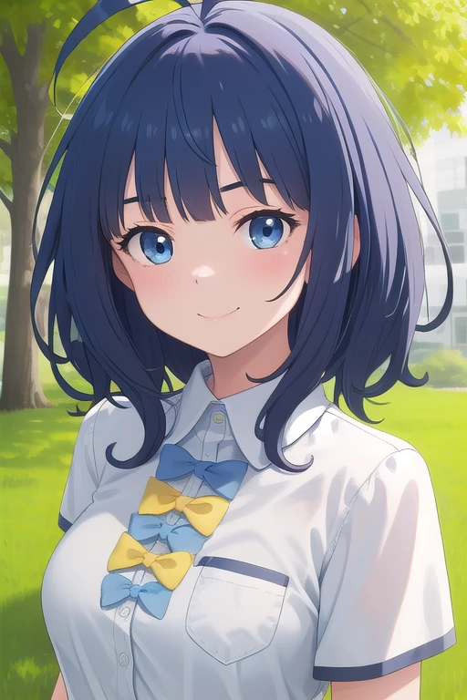 ((masterpiece)),(best quality),official art,extremely delicate and beautiful,extremely detailed CG,unity 8k wallpaper,ultra detailed,beautiful detailed eyes,extremely detailed face,outdoors,1girl,solo,upper body,(portrait:1.5),looking at viewer,facing viewer,smile,Yanami Anna,ahoge,medium hair,blue hair,sidelocks,blunt bangs,blue eyes,school uniform,collared shirt,white shirt,pocket,blue bow,yellow bow,short sleeves,medium breasts,skindentation,shirt tucked in,blue skirt,pleated skirt,black socks,loafers,<lora:Yanami Anna(mtmlh):1.5>,