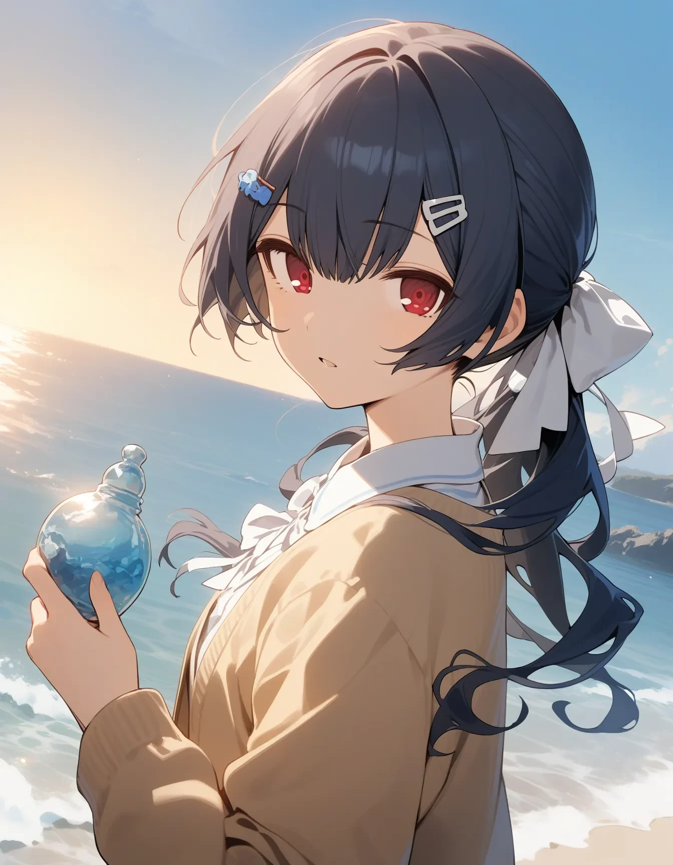 r_morino, 1girl, solo, hair ornament, ponytail, looking at viewer, hairclip, red eyes, outdoors, hair bow, bangs, bow, shirt, ribbon, ocean, white bow, upper body, blue hair, black hair, holding, day, long hair, long sleeves, cardigan, sky, white ribbon, parted lips, open mouth, hair ribbon, blue sky, dutch angle,
masterpiece, best quality, very aesthetic, absurdres
<lora:r_morinoXL_animagine:1>