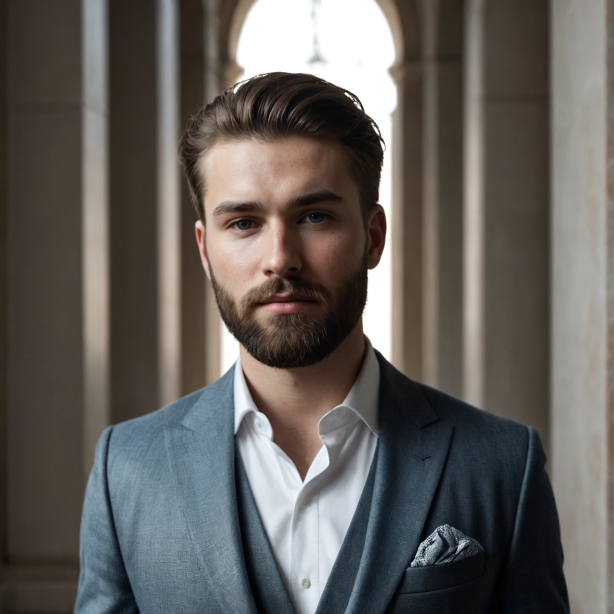 RAW photo, interior photo, full body shot from the front of a of a beautiful man with a beard in a grey suite, he stands in a (liminal space) marble corridor with columns, full sharp, detailed face, visible feet, blue eyes, (high detailed skin:1.2), 8k uhd, dslr, soft lighting, high quality, film grain, Fujifilm XT <lora:polyhedron_marble-000005:0.3>
focus on eyes, spotted light on her face, face towards sun, light on face, sun on face, dappled light in face, backlit, rim light, focus on eyes, clear eyes, shiny eyes, glittering eyes, light reflections in his eyes, winter white skin, pale skin, dry skin, clear skin, oiled shiny skin, blush, flushed cheeks, visible skin detail, skin pores, imperfect skin, skin blemish, few freckles, skin fuzz, beauty spot, moles