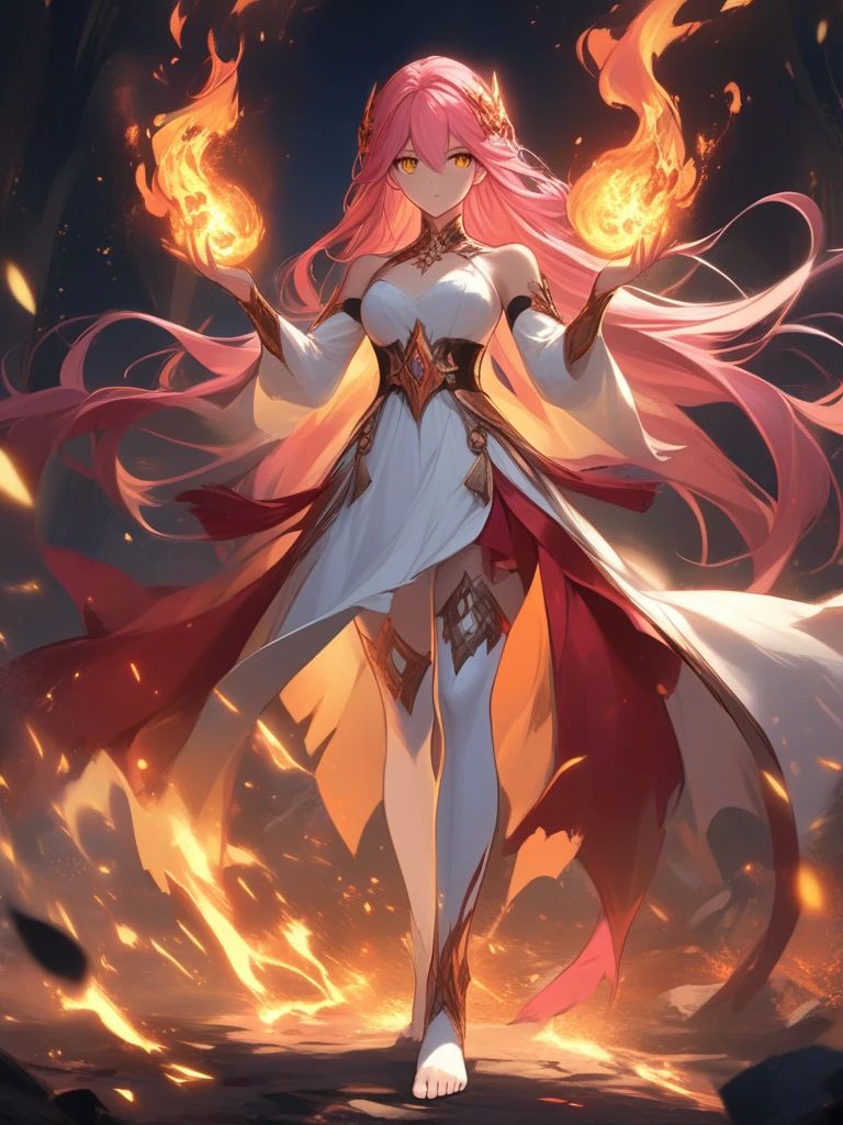 FRESHIDEAS,A powerful,fiery scene featuring a girl with long pink hair,standing barefoot amidst a burning landscape at dusk. Her fiery wings and hair blaze against the orange and yellow sky,reflecting the autumn leaves around her. She holds a burning leaf in one hand and wields a flaming sword in the other. Her tattered white dress and torn red cape flutter in the wind as embers and sparks surround her. The background shows a mountainous horizon with a volcano spewing molten rock,and a dark cave glowing with blue fire. Elements of magic,destruction,and autumn theme are present,with details **** jack-o'-lanterns,ginkgo leaves,and an orange sky hinting at a Halloween setting. The girl's eyes glow with yellow fire,and her expression is calm yet determined as she gazes at the viewer. The scene also includes hints of other elements **** a phoenix rising in the background,a campfire,a spirit flame,and distant fireworks,
