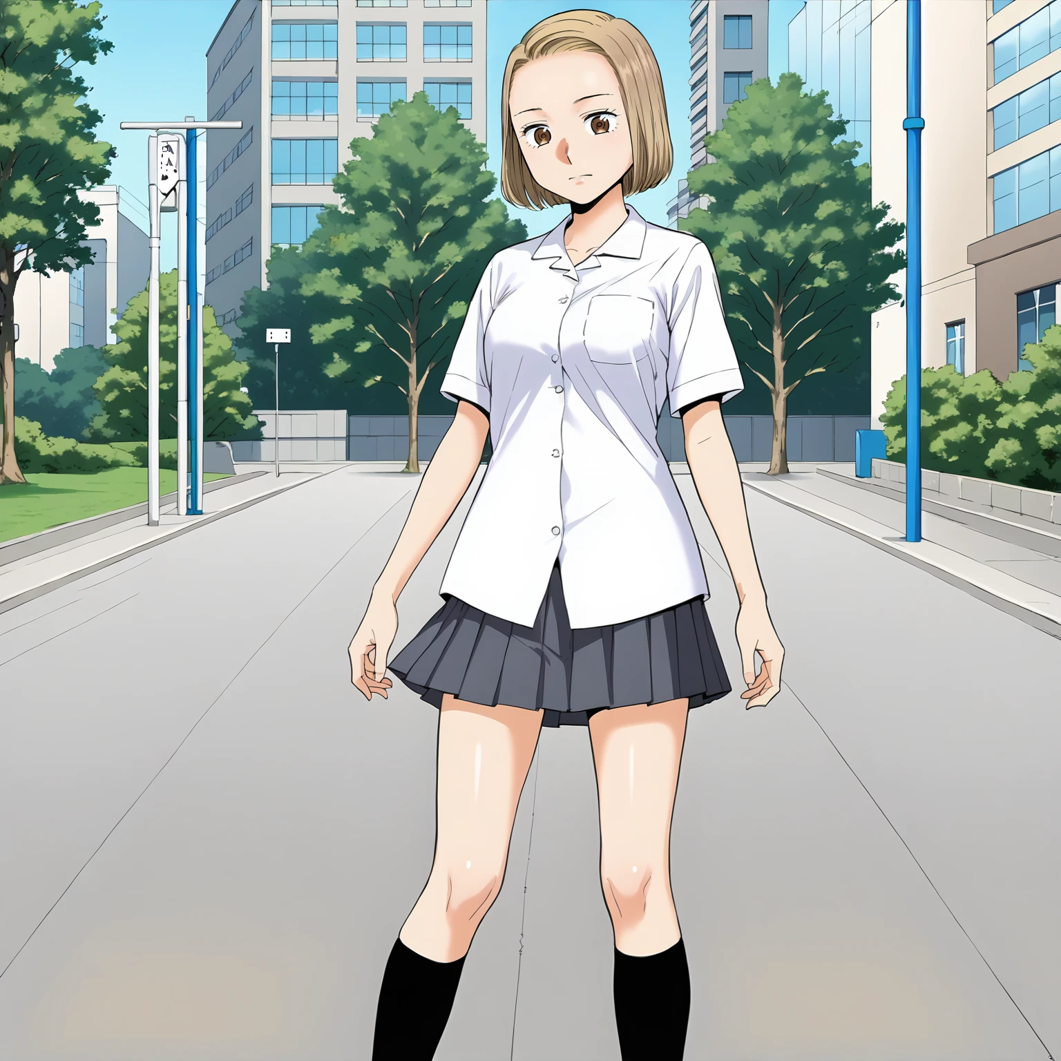 <lora:KZ_TomonoNiiyamaXLpony001>,
solo,
TomonoNiiyama,1girl,blonde hair,bob_cut,forehead,brown eyes,
medium breasts,
dress_shirt,short_sleeves,
pleated_skirt,
black socks,knee length socks,
outdoors,
standing,